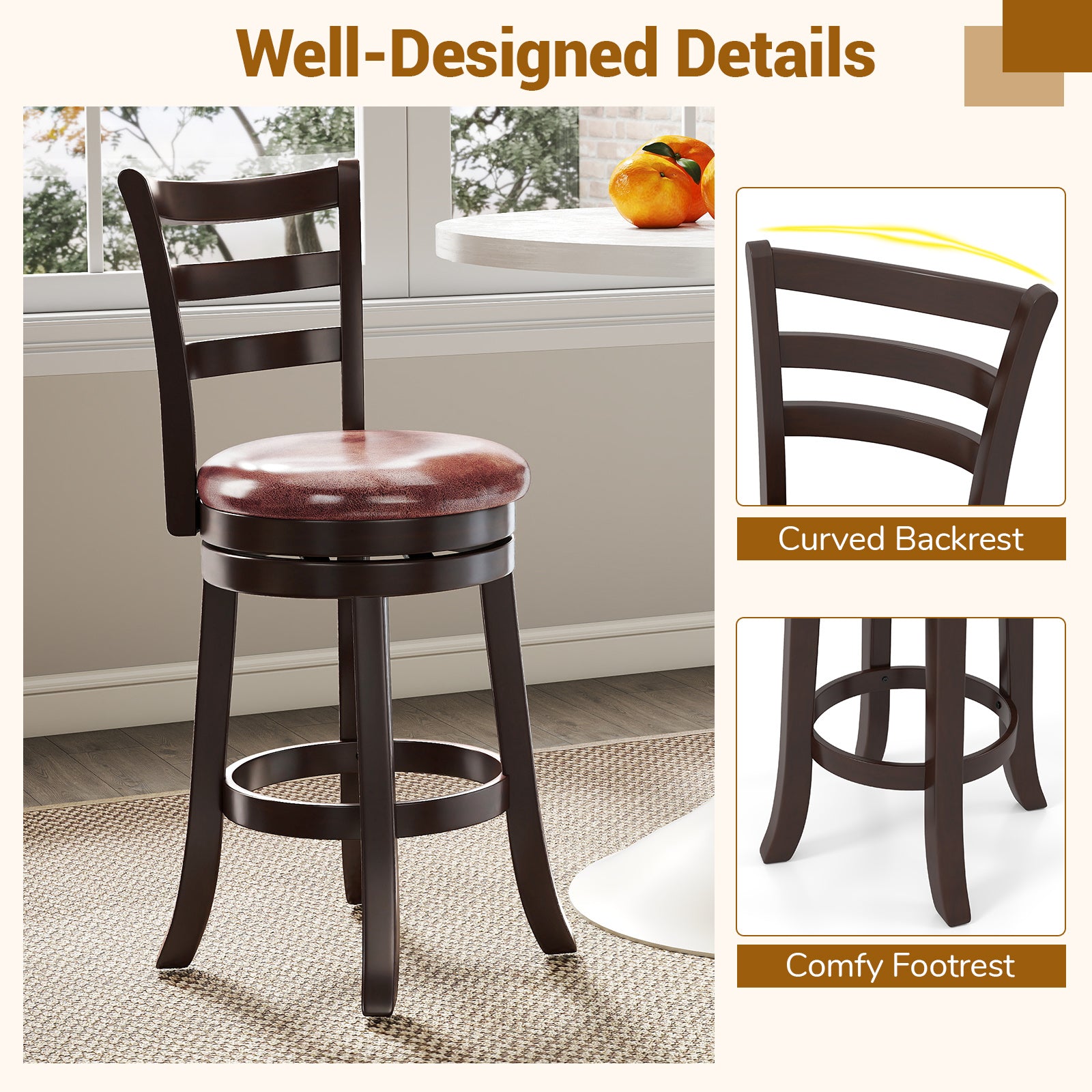 Counter Height Swivel Barstools Set of 2 with Faux Leather Seat and Wrap-around Footrest-24 Bar Stools at Gallery Canada