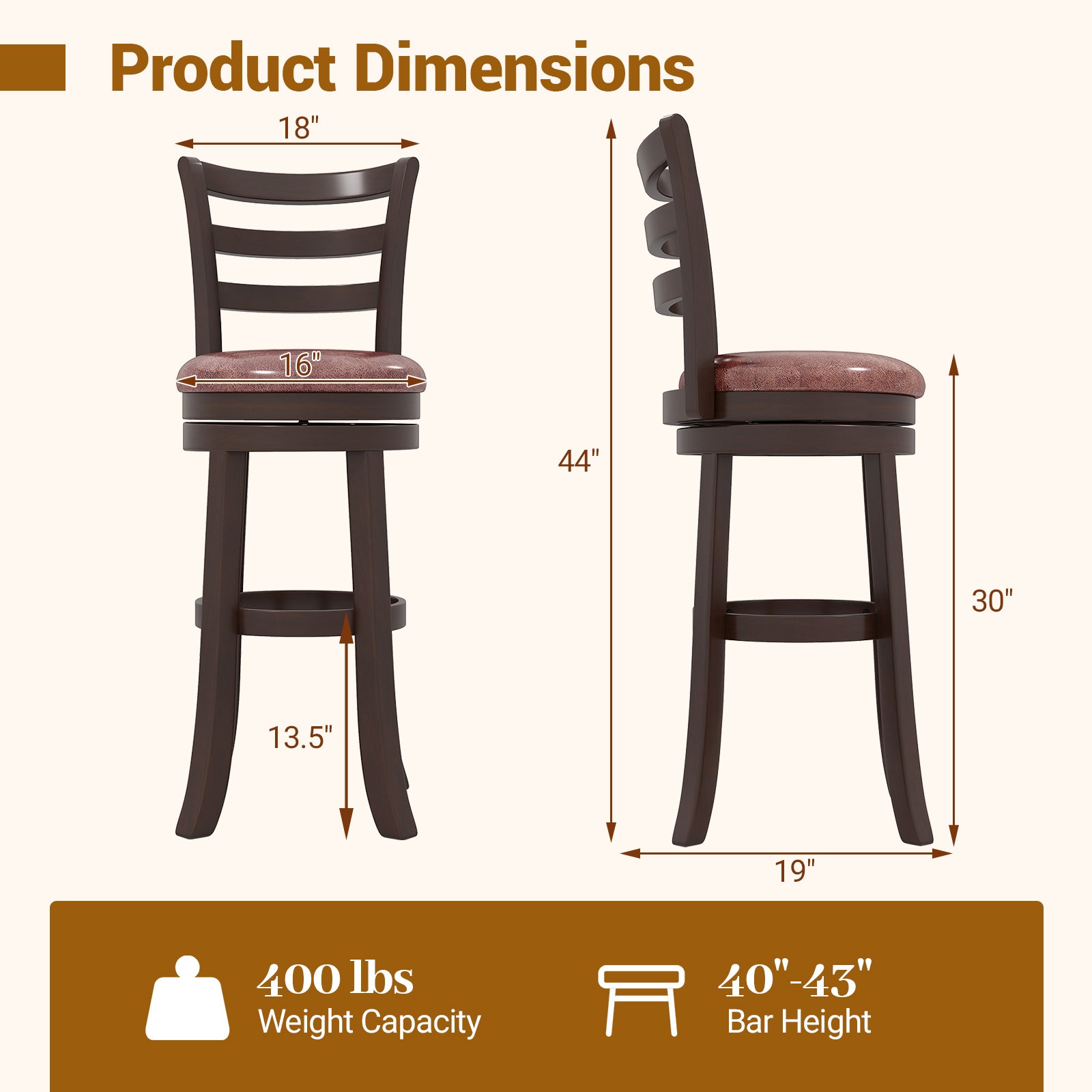 Counter Height Swivel Barstools Set of 2 with Faux Leather Seat and Wrap-around Footrest-29 Bar Stools at Gallery Canada