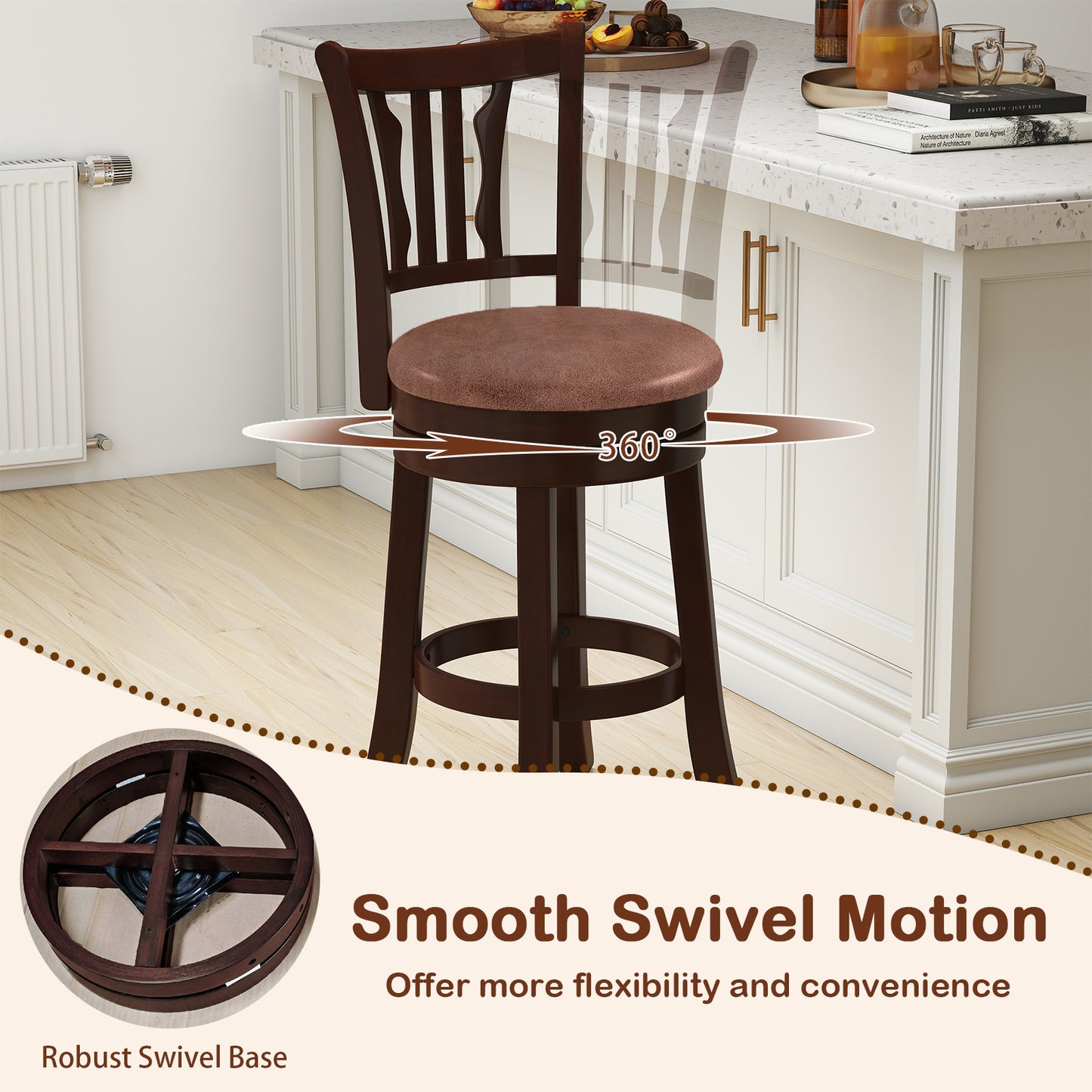 Counter Height Swivel Bar Stools Set of 2 with Back and Solid Rubber Frame-24 Bar Stools at Gallery Canada