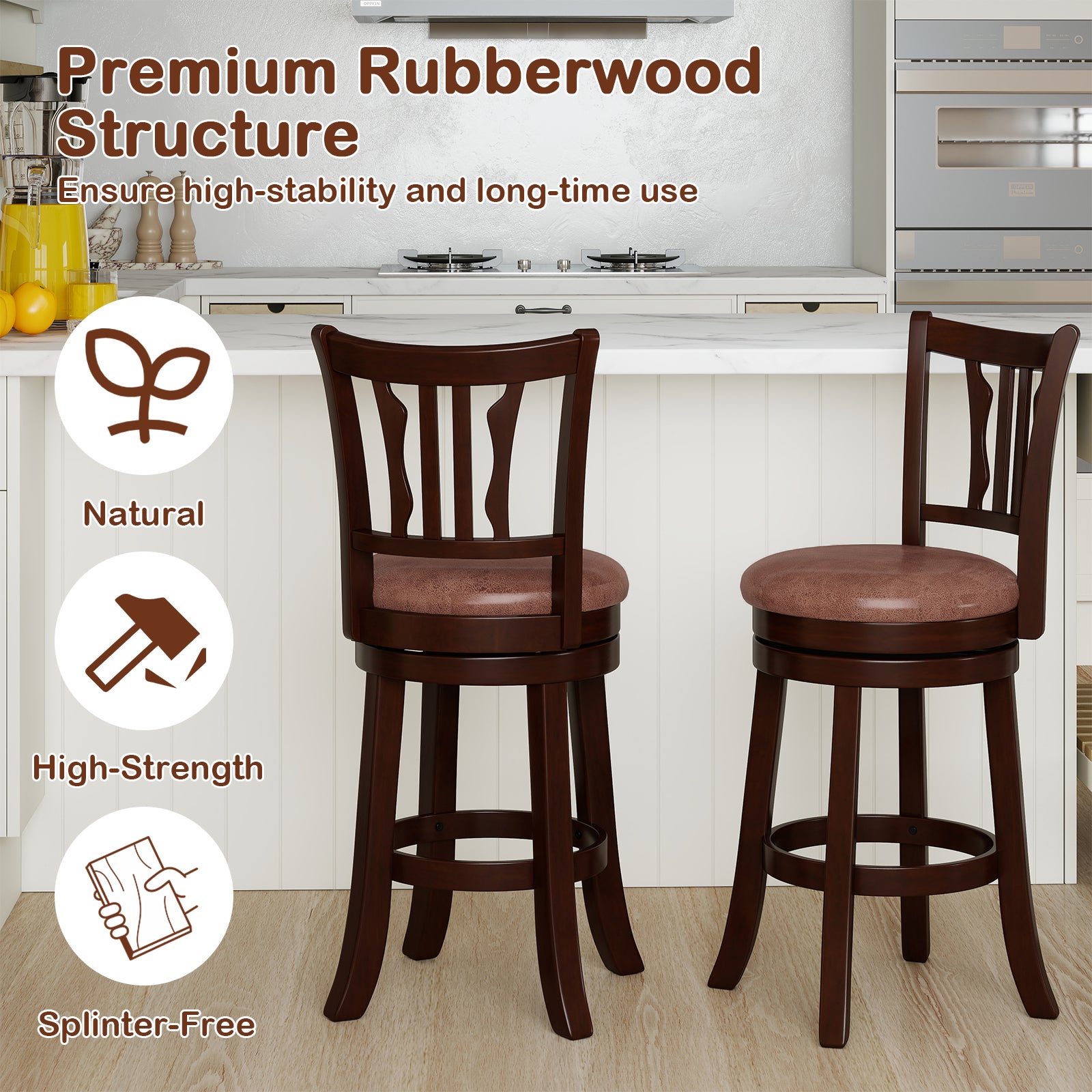 Counter Height Swivel Bar Stools Set of 2 with Back and Solid Rubber Frame-24 Bar Stools at Gallery Canada