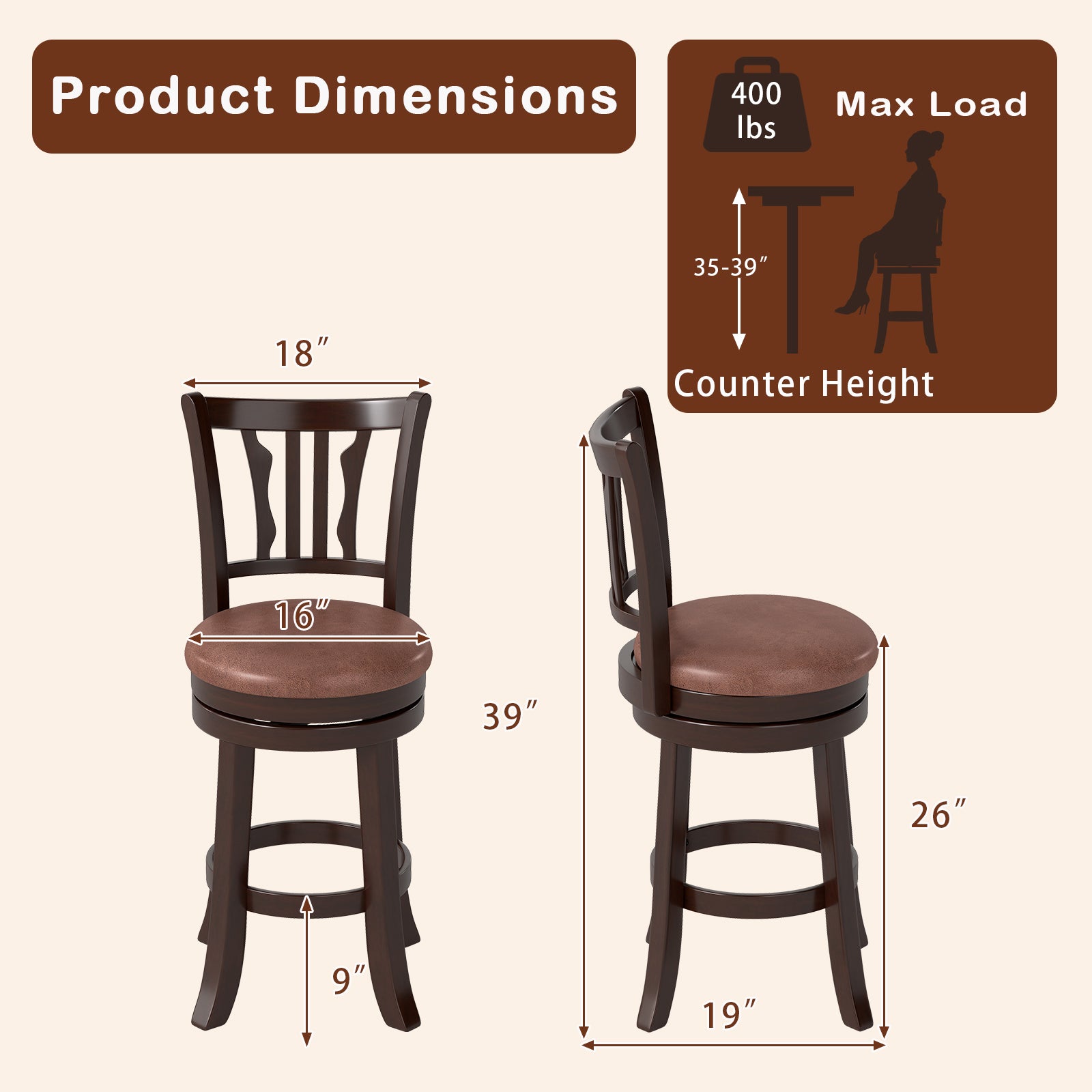 Counter Height Swivel Bar Stools Set of 2 with Back and Solid Rubber Frame-24 Bar Stools at Gallery Canada