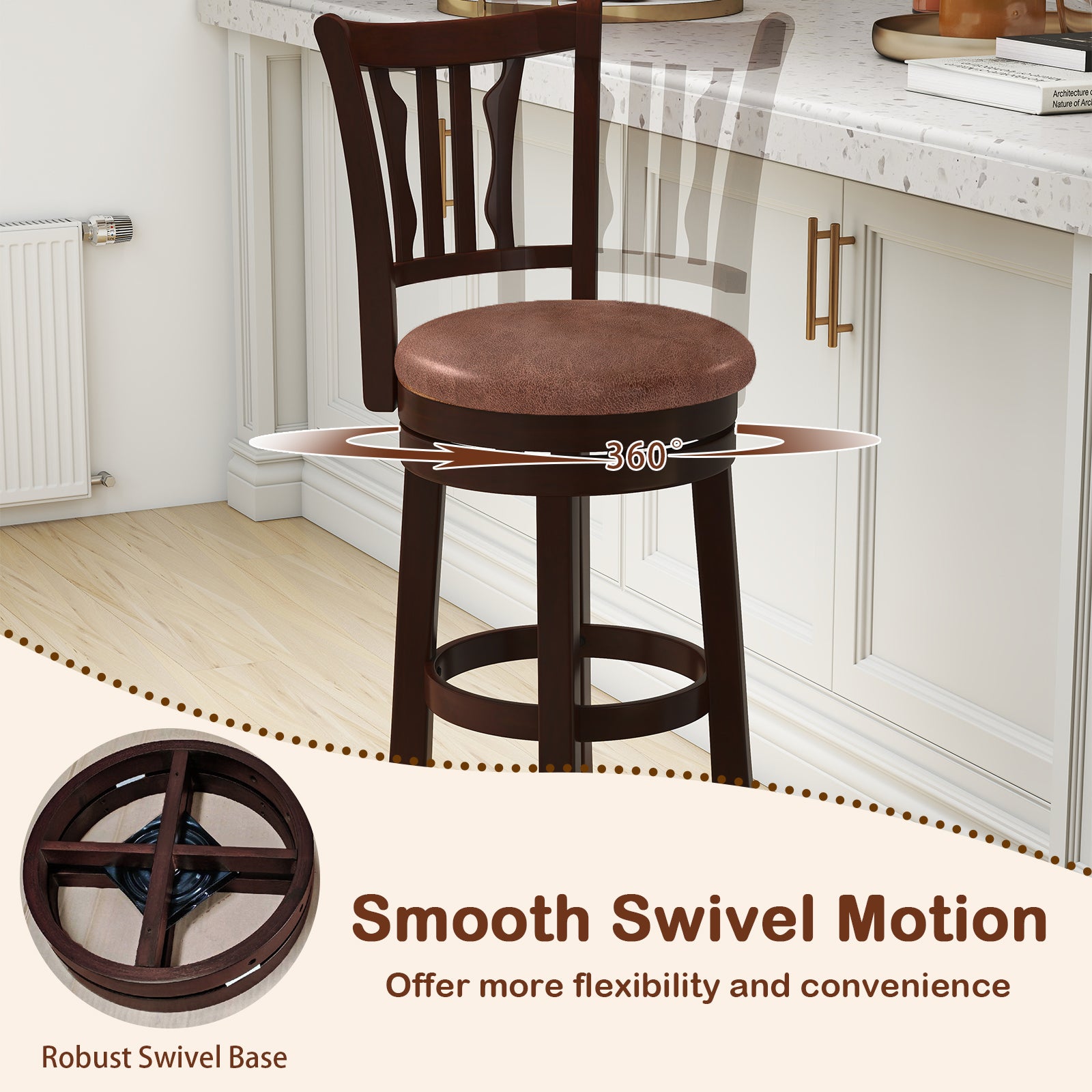 Counter Height Swivel Bar Stools Set of 2 with Back and Solid Rubber Frame-29 Bar Stools at Gallery Canada