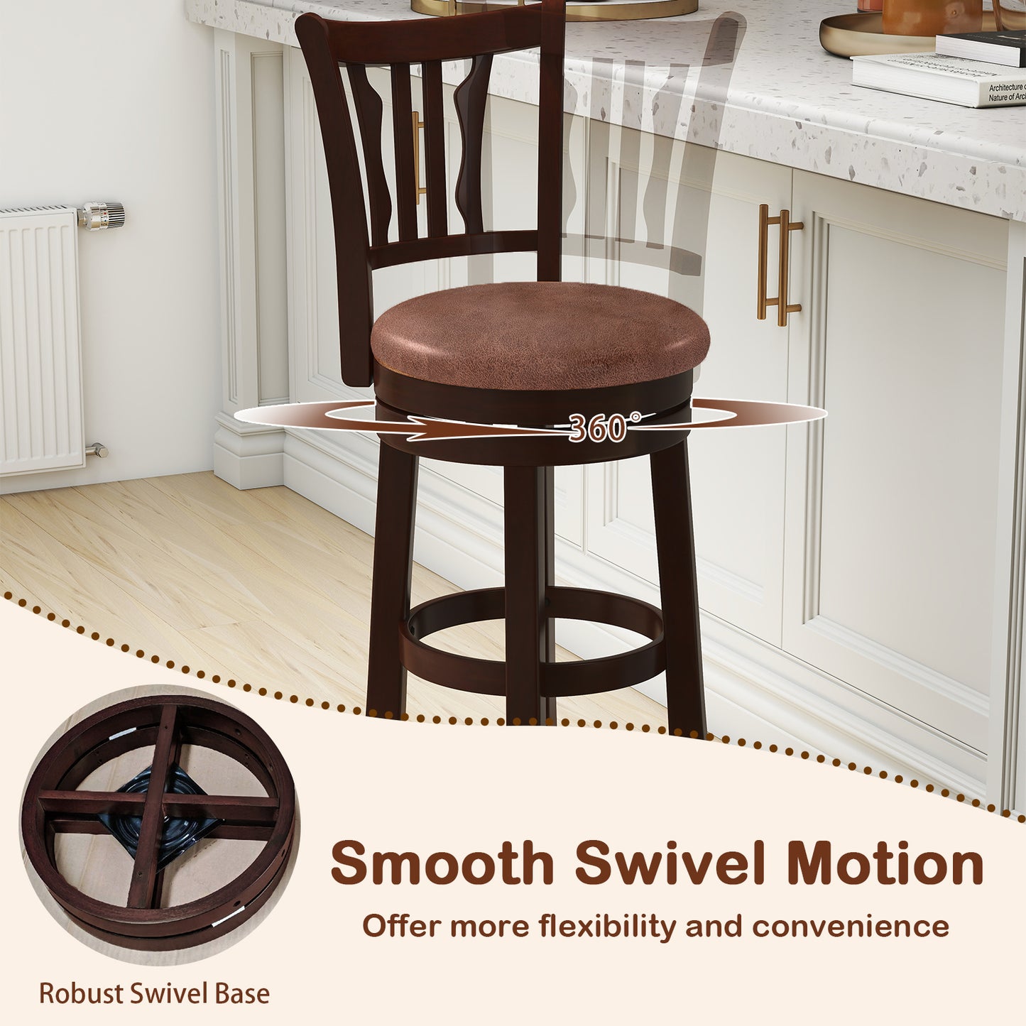 Counter Height Swivel Bar Stools Set of 2 with Back and Solid Rubber Frame-29 Bar Stools at Gallery Canada
