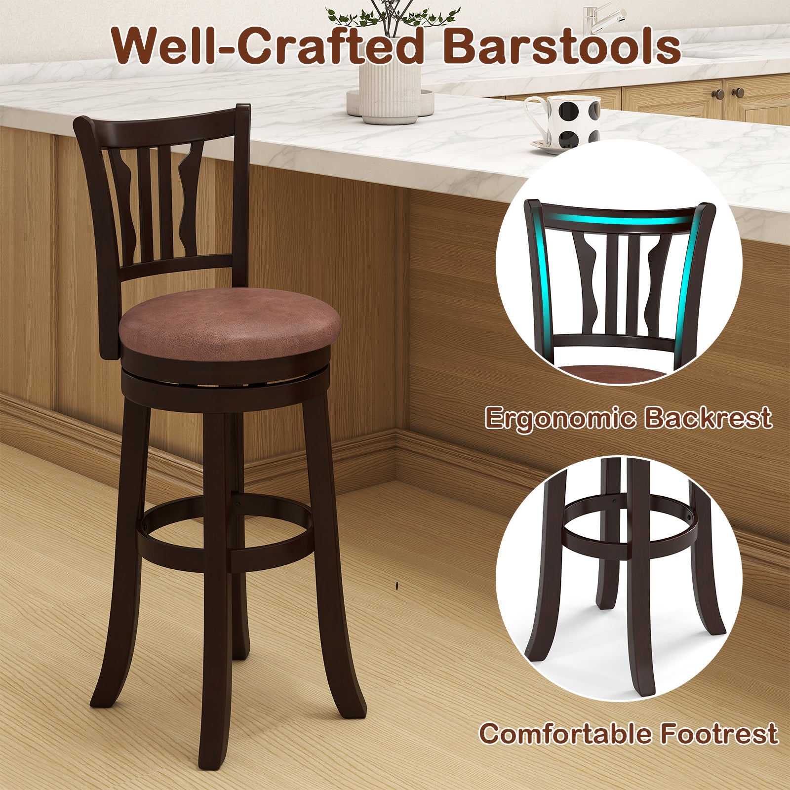 Counter Height Swivel Bar Stools Set of 2 with Back and Solid Rubber Frame-29 Bar Stools at Gallery Canada