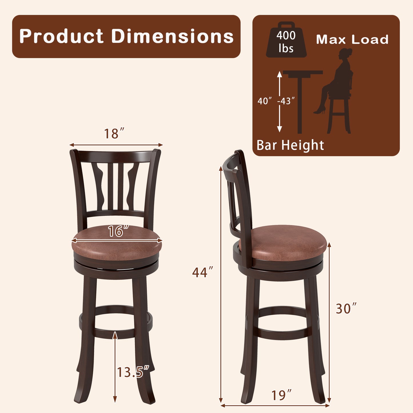 Counter Height Swivel Bar Stools Set of 2 with Back and Solid Rubber Frame-29 Bar Stools at Gallery Canada