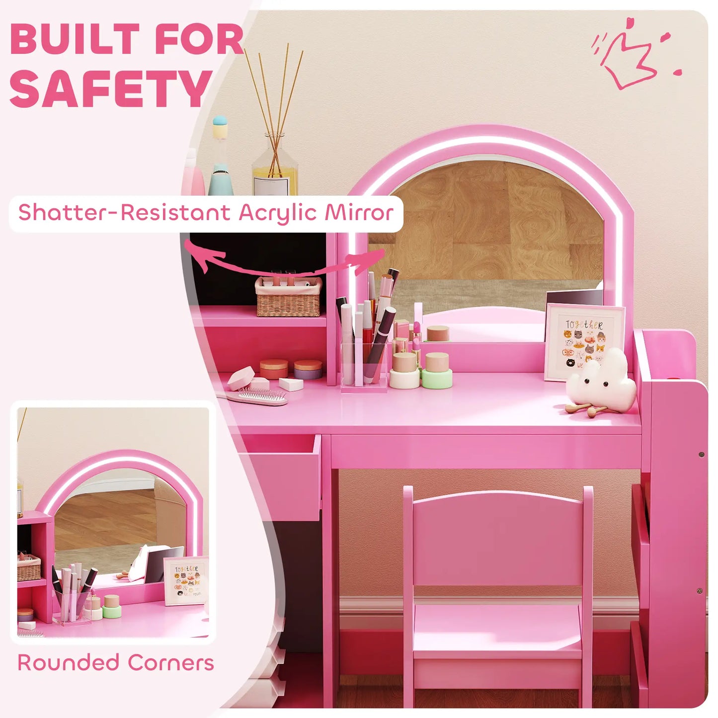 Kids Vanity Set, Toddler Dressing Table and Chair, Lighted Mirror, Pink Toy Vanity at Gallery Canada