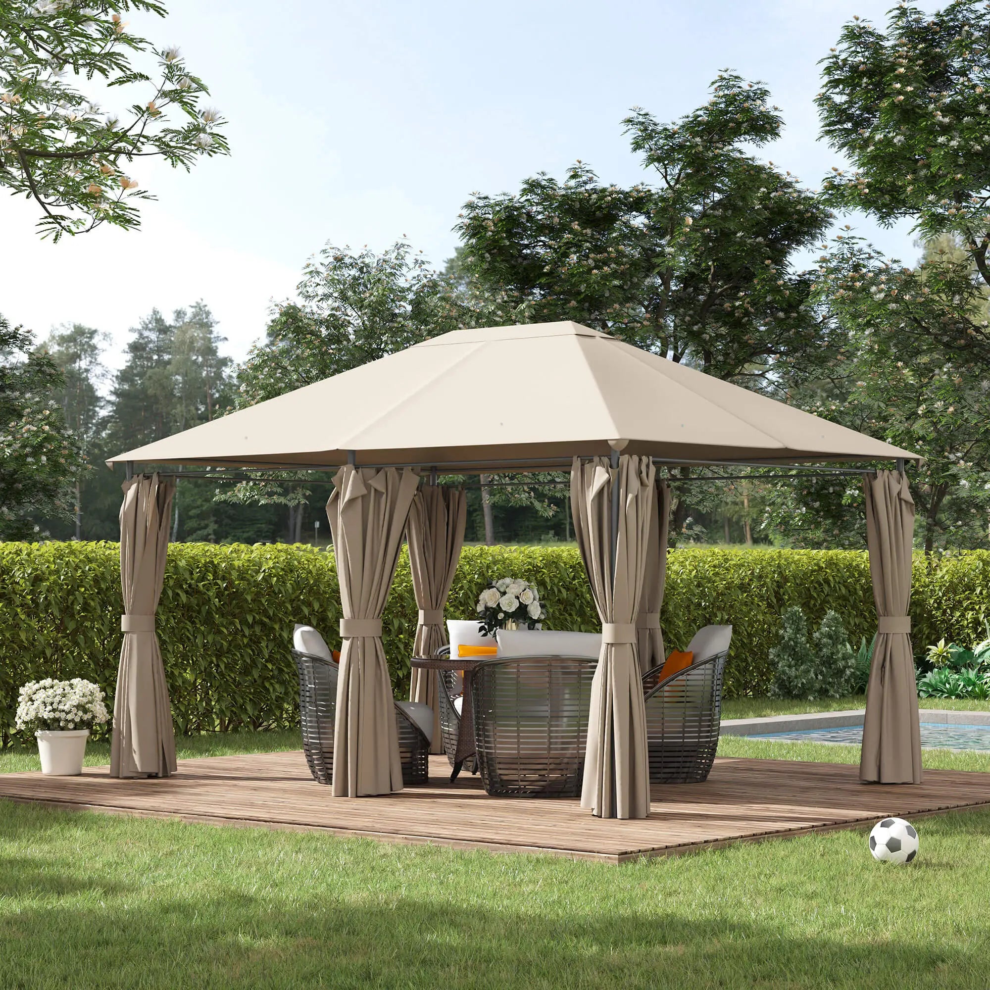 13'x10' Steel Patio Gazebo, Soft Top, 6 Removable Curtains, Khaki Gazebos at Gallery Canada
