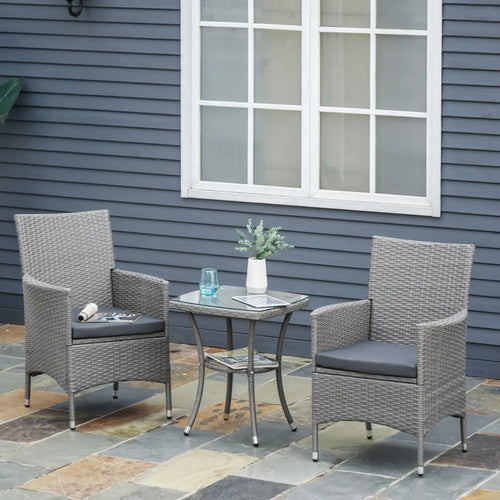 3-Piece Wicker Patio Set, Rattan Bistro with Glass Table, Grey