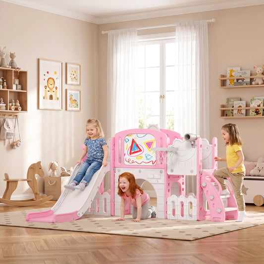7 In 1 Toddler Slide With Basketball Hoop, Climbing Frame, Telescope, Drawing Board, Storage Box, Pink Gym Sets & Swings Pink, White at Gallery Canada