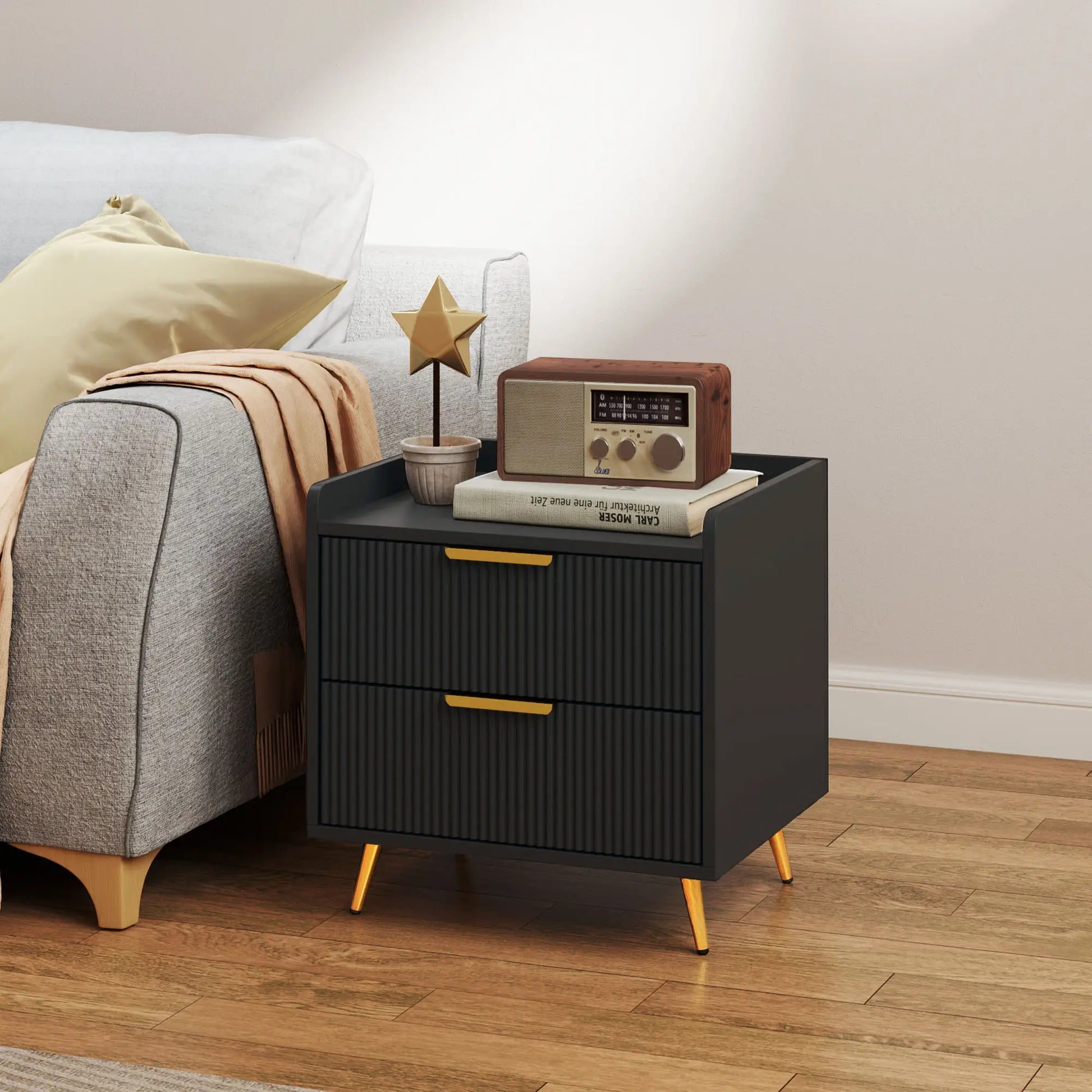 Black Bedside Table, Nightstand with 2 Drawers, Metal Legs, Black Bedside Tables at Gallery Canada
