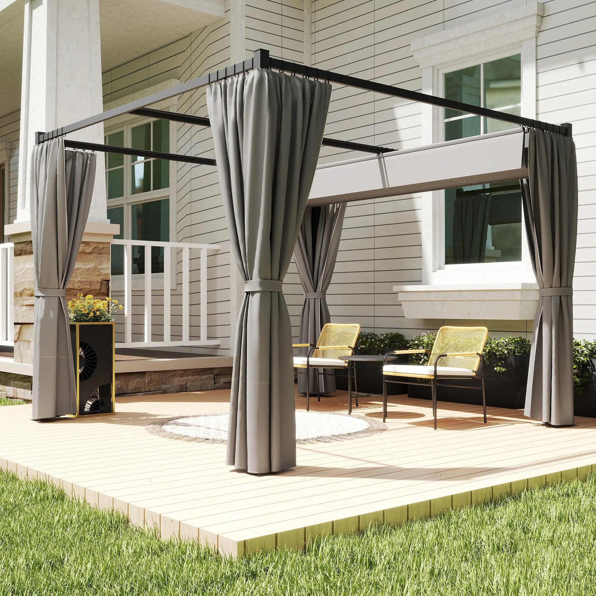 10' x 10' Retractable Pergola, Garden Gazebo with Curtains, Light Grey Pergolas at Gallery Canada