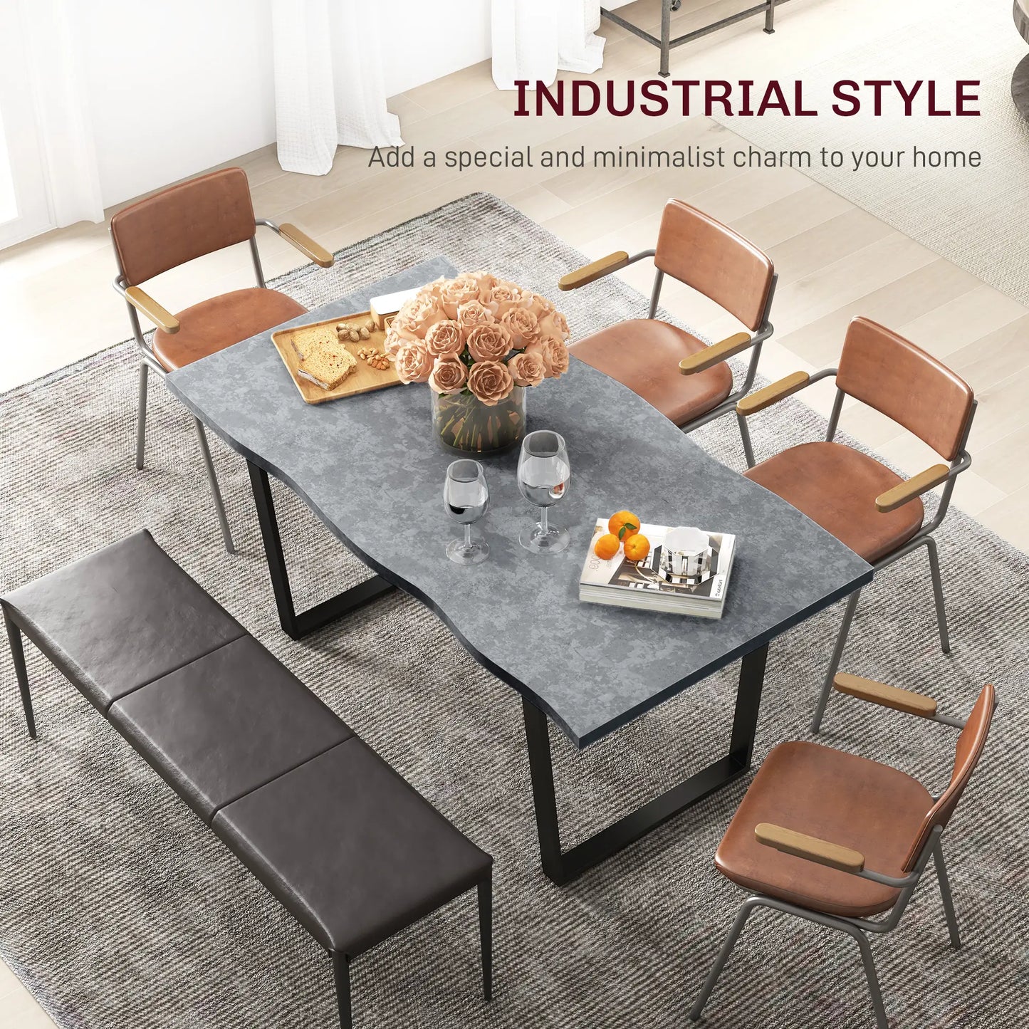 63" Industrial Kitchen Table, Wave-Edged Tabletop, Steel Legs, Cement Grey Dining Tables at Gallery Canada