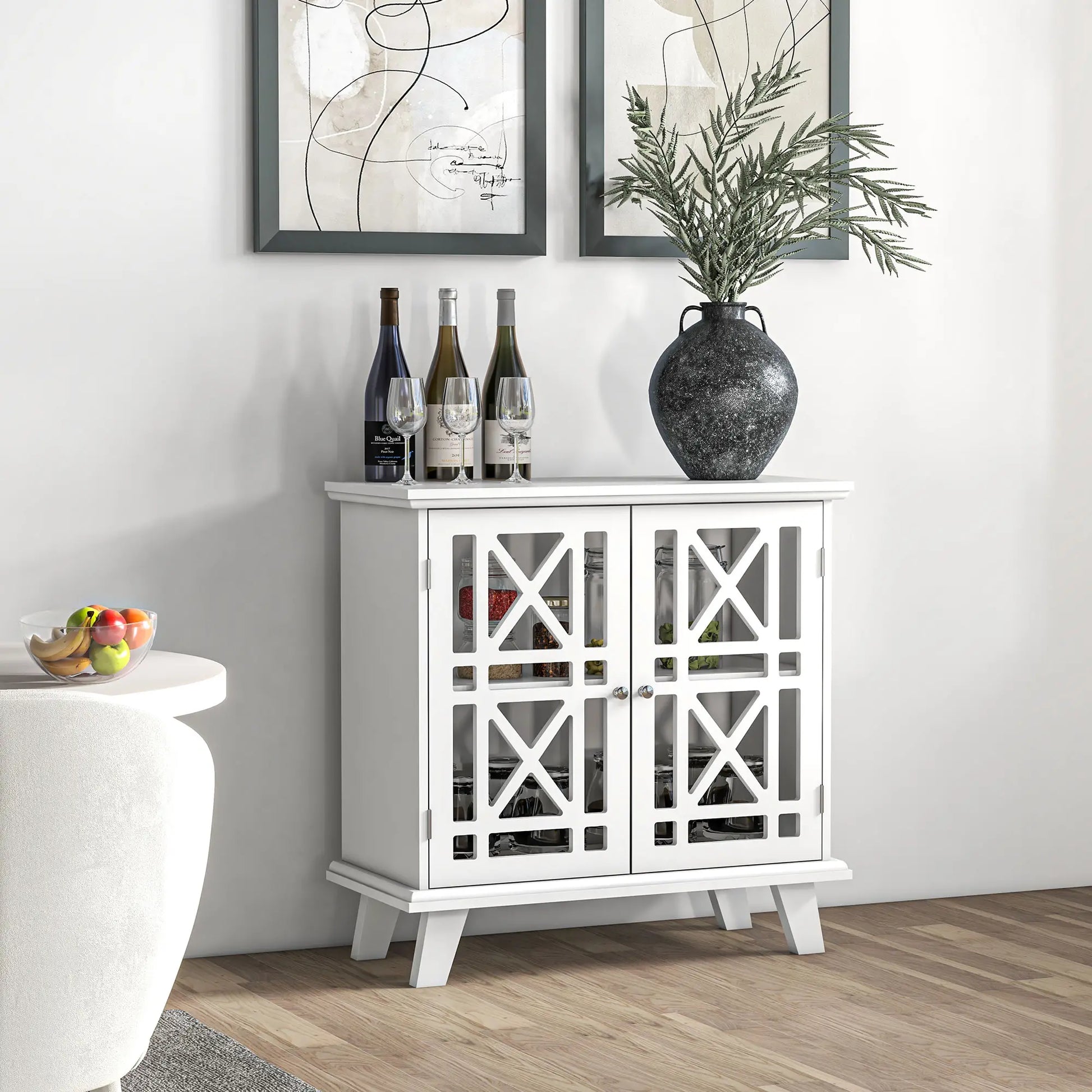 Modern Storage Cabinet with Fretwork Doors, Shelf, White Storage Cabinets at Gallery Canada