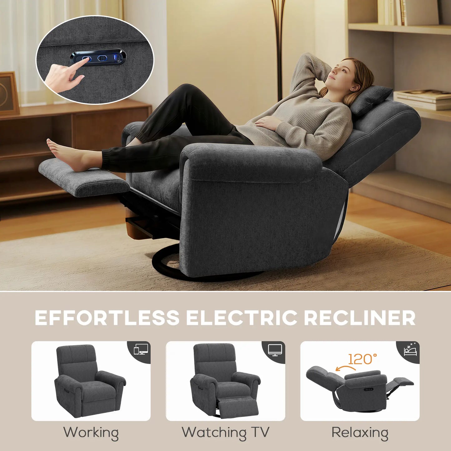 Fabric Recliner Chair, USB Ports, Swivel Rocking Footrest, Dark Grey Single Sofas at Gallery Canada