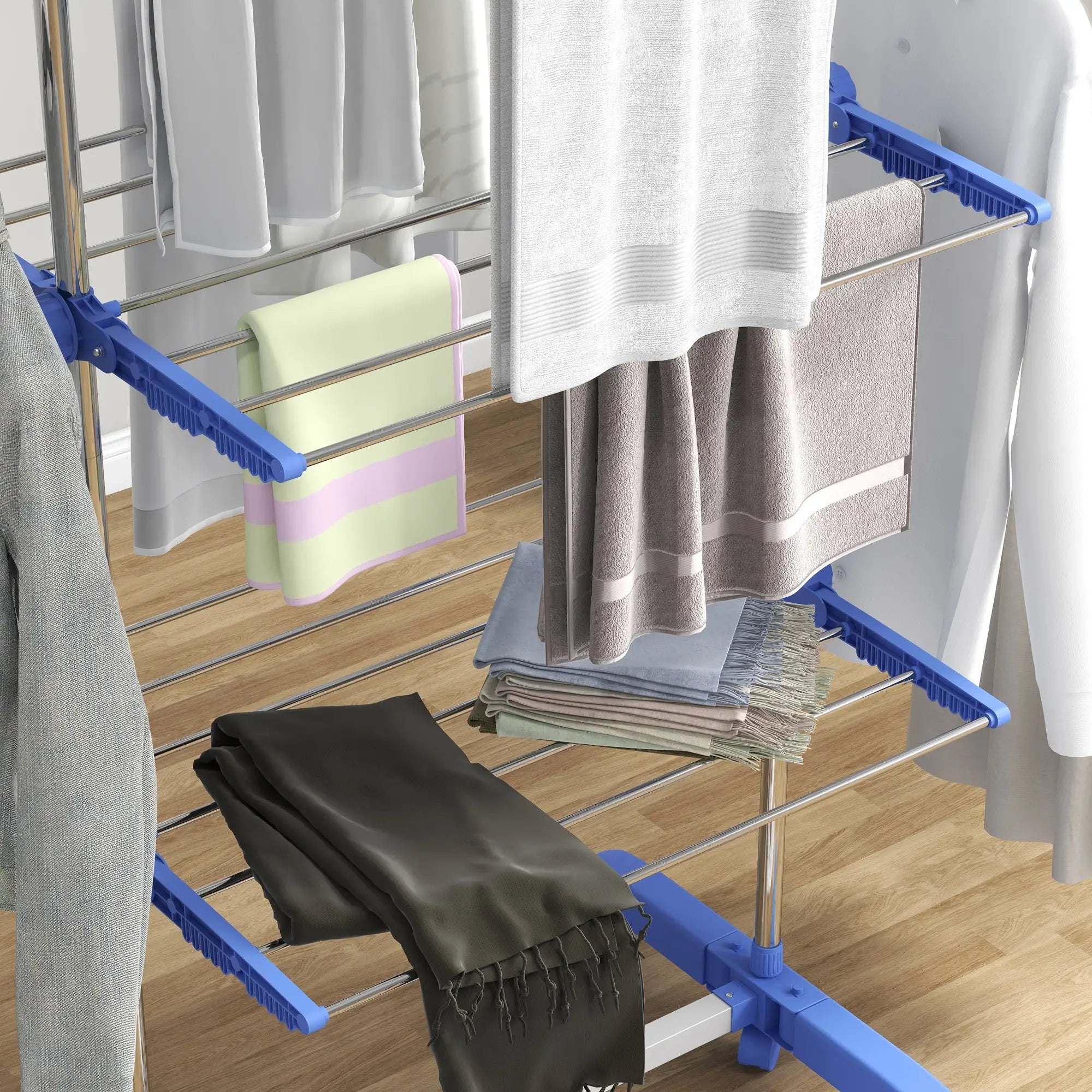 3-Tier Clothes Drying Rack, Stainless Steel Laundry Rack with 2 Side Wings and 6 Castors, Collapsible Adjustable Clothes Airer for Indoor Outdoor, Blue Bath Accessories at Gallery Canada