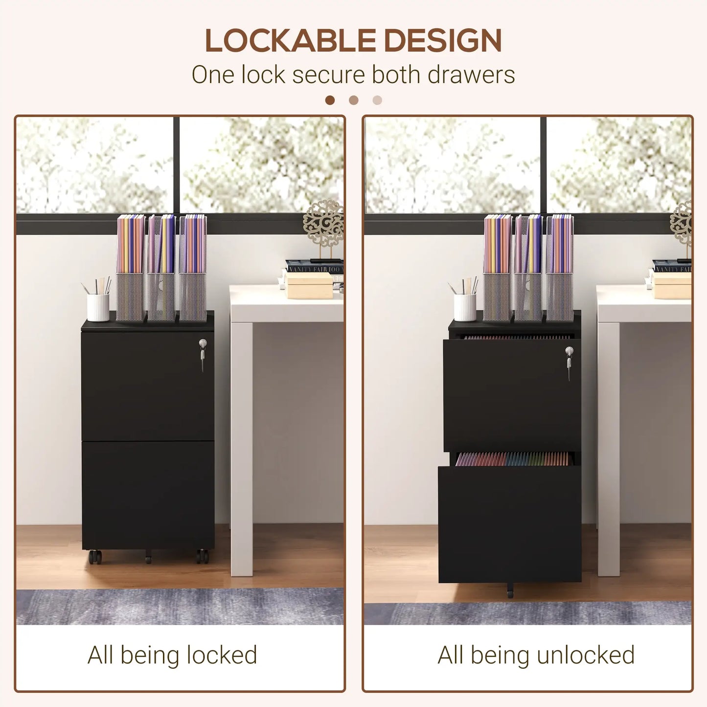 2-Drawer Steel Filing Cabinet on Wheels, Lockable, Adjustable Hanging Bar, Black Office Cabinets & Cupboards at Gallery Canada