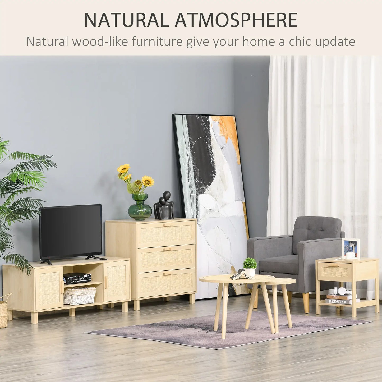 Narrow Nightstand with Rattan, Drawer, Storage Shelf, Natural Bedside Tables at Gallery Canada