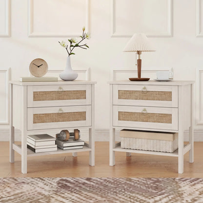 Set Of 2 Rattan Nightstands, 2 Drawers, Storage Shelf, White Oak Bedside Tables at Gallery Canada