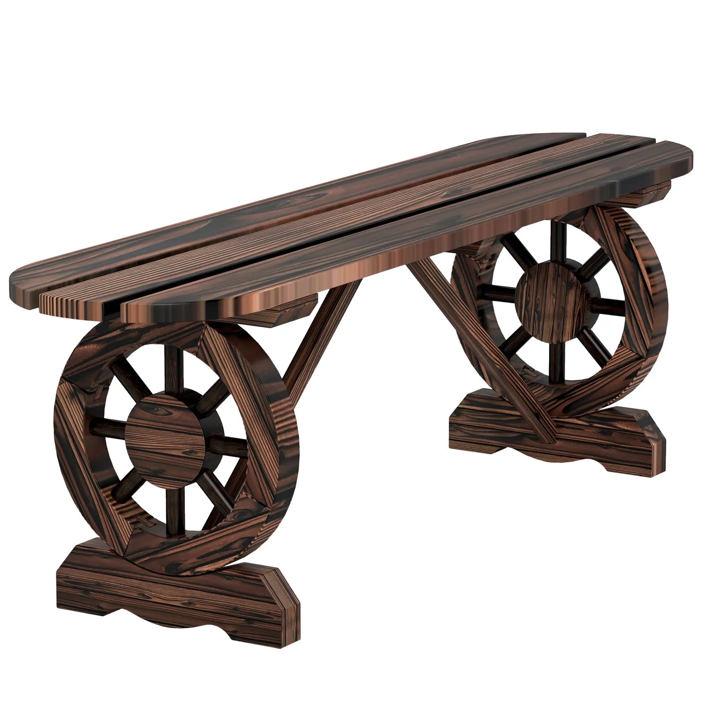 2-Person Outdoor Bench, Wood Garden Bench with Wagon Wheel Legs, Carbonized Outdoor Benches at Gallery Canada