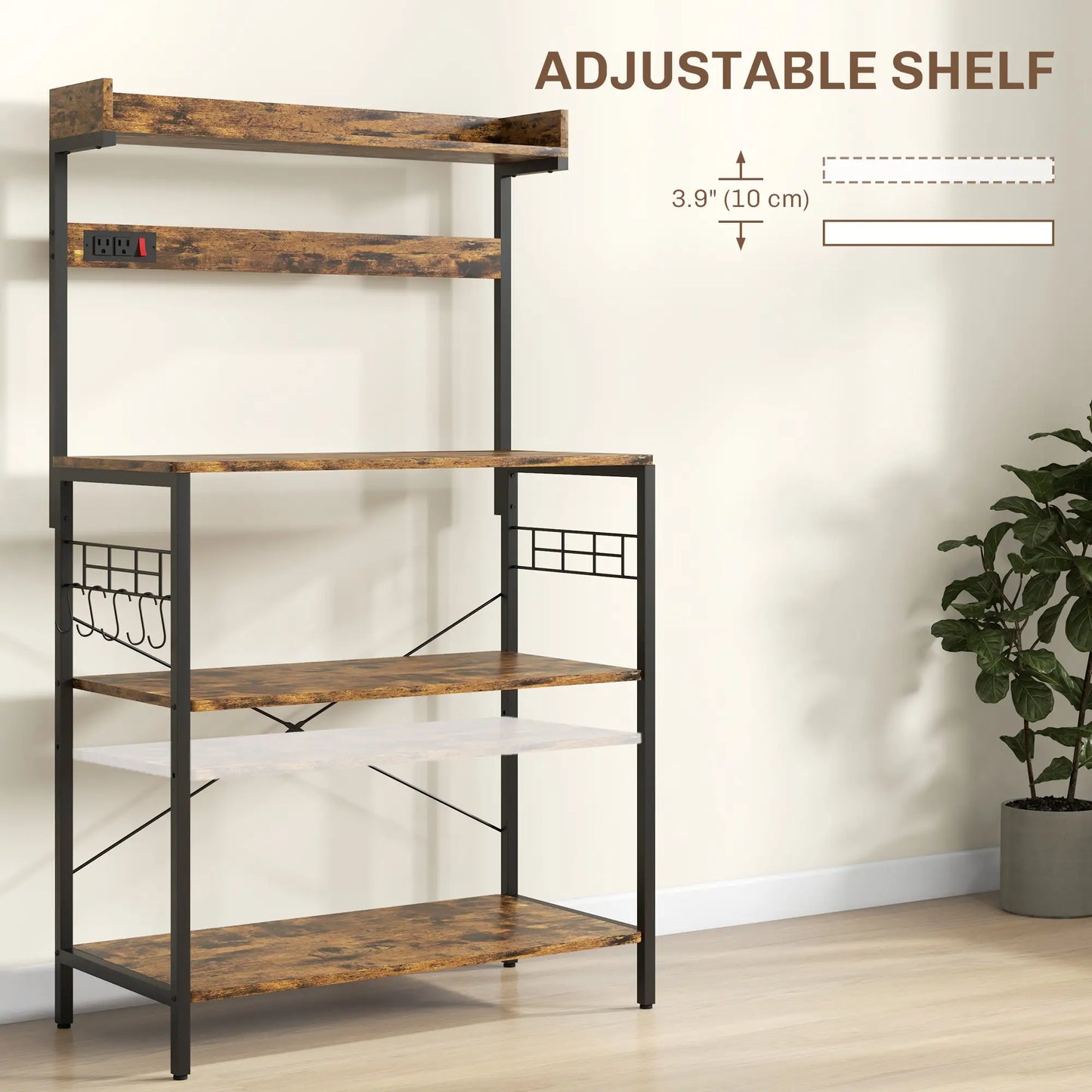 Kitchen Baker's Rack with Power Outlet, Coffee Bar Station with Adjustable Shelves and Hooks, Rustic Brown Bar Cabinets at Gallery Canada