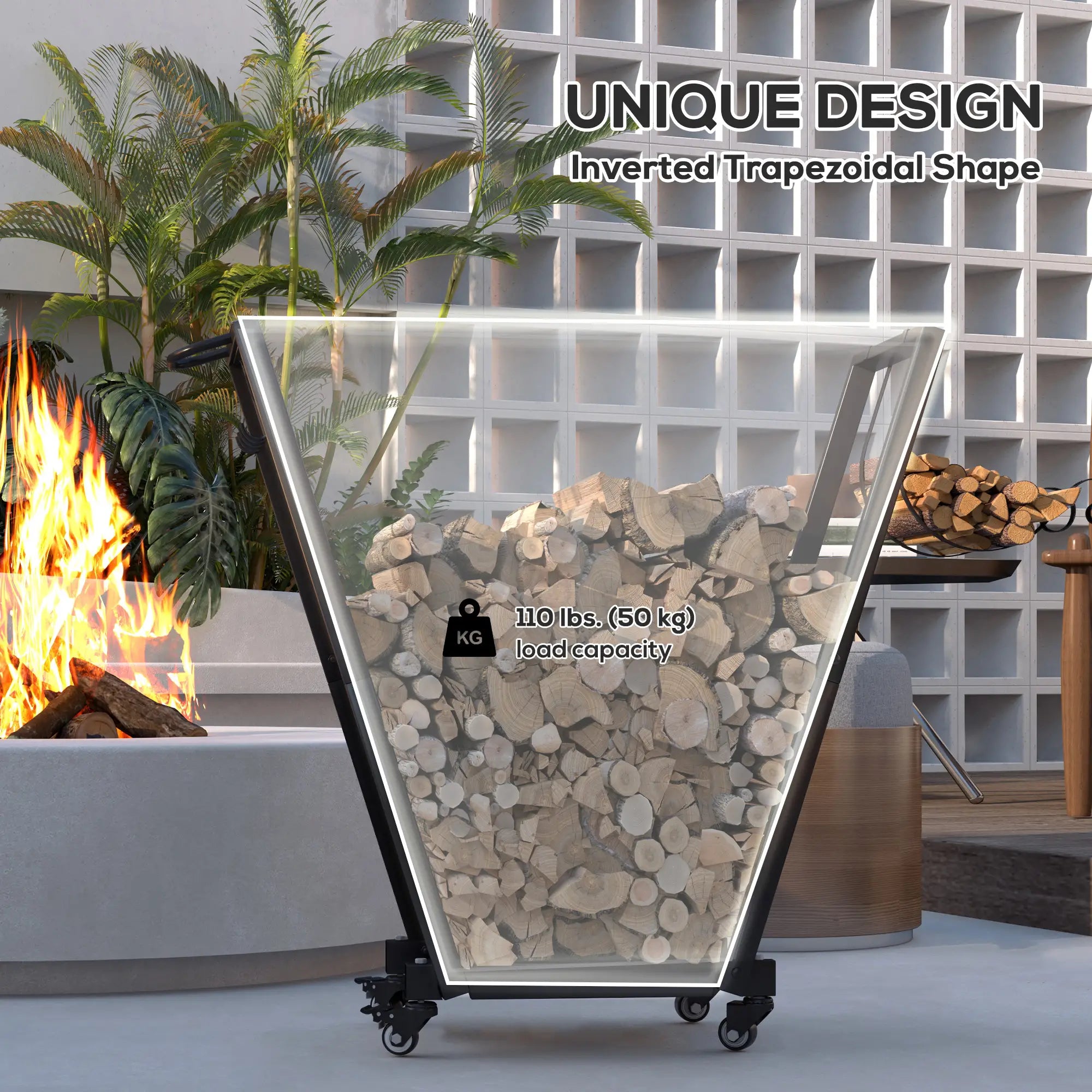 31 Inch Firewood Rack, Heavy Duty with Swivel Casters, Indoor Outdoor, Black Firewood Racks at Gallery Canada