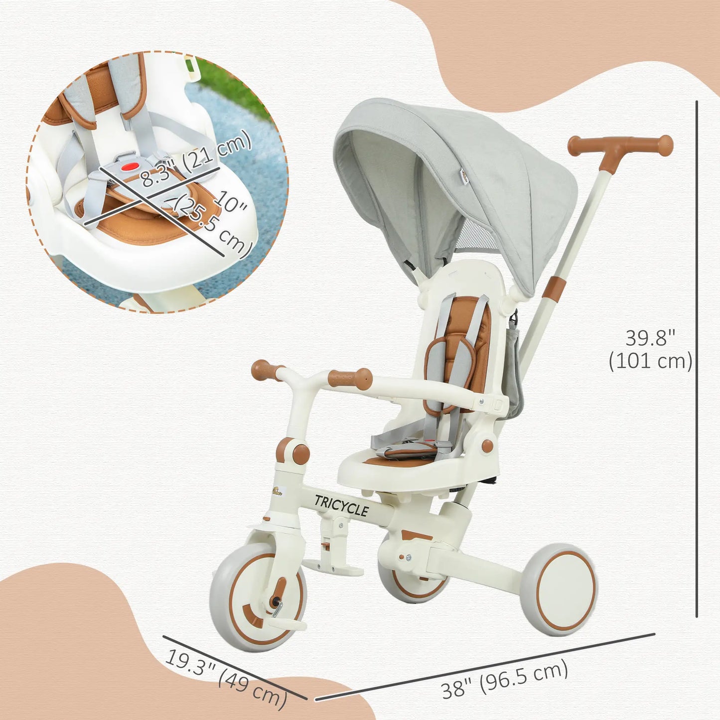7 in 1 Toddler Tricycle, Safety Harness, Adjustable Parent Handle, Cream White Tricycles for Kids at Gallery Canada