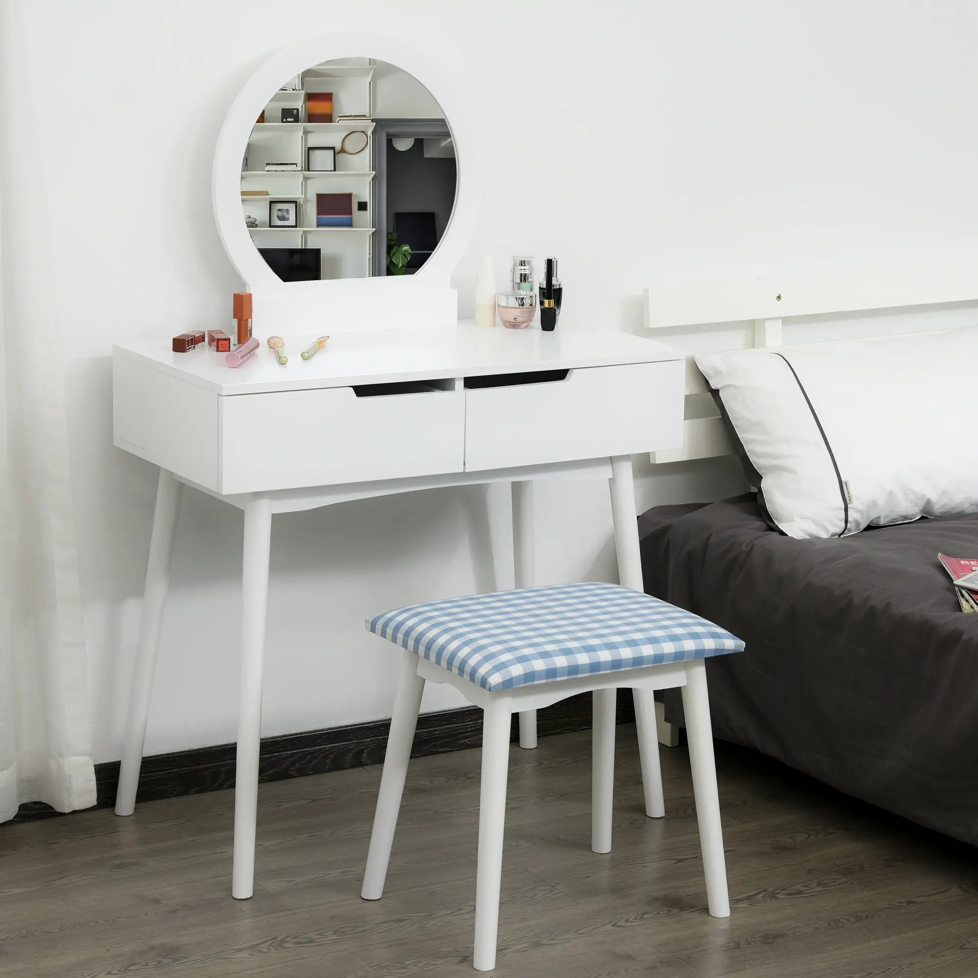 Makeup Vanity Desk, Round Mirror, 2 Drawers, Cushioned Stool, White Dressing & Vanity Tables at Gallery Canada
