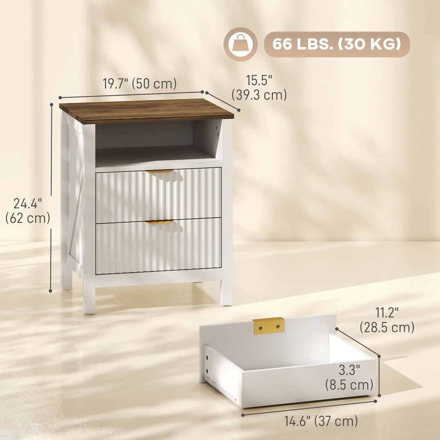 Nightstand With 2 Fluted Drawers, Open Shelf, Anti-Tipping, White Walnut, White Walnut