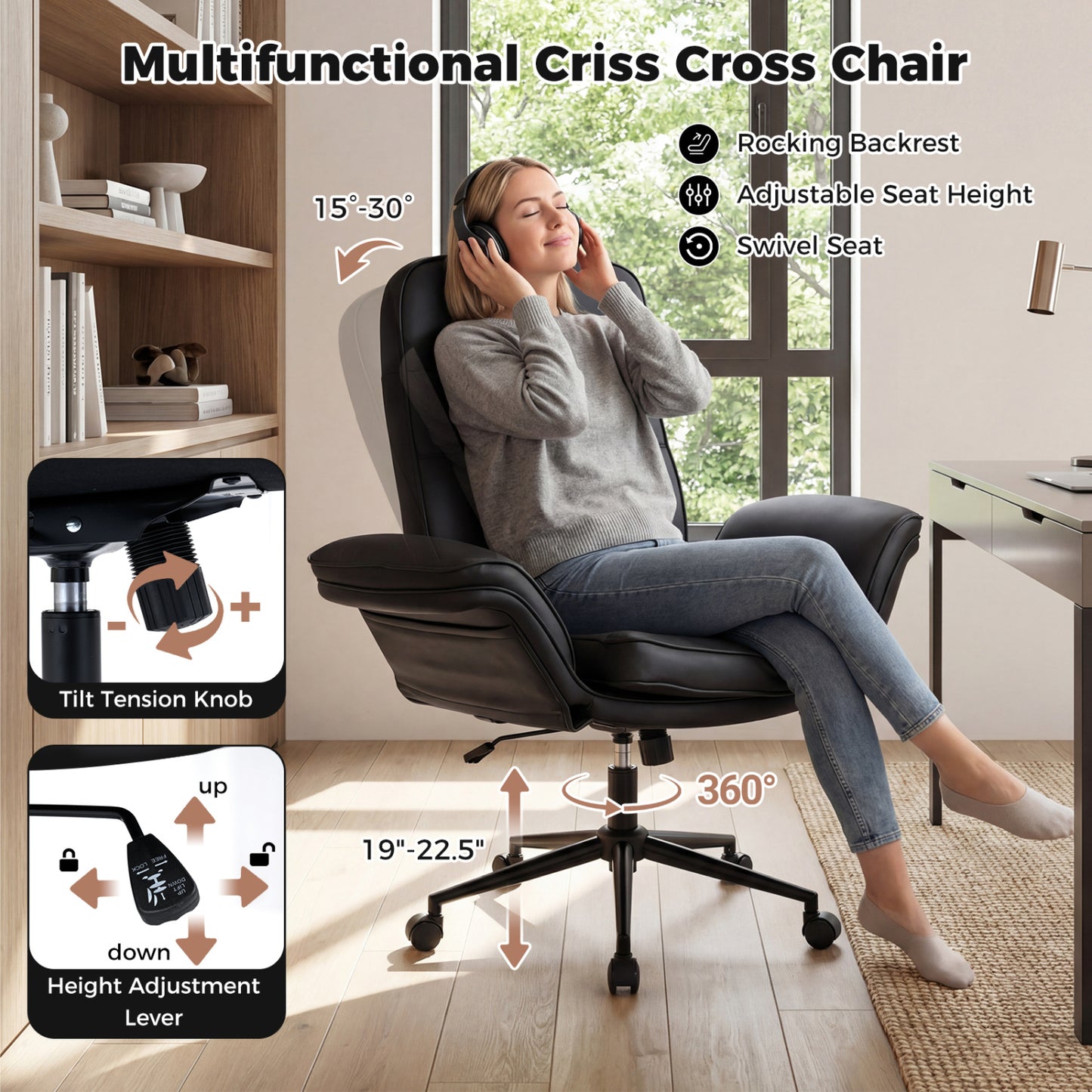 Adjustable Swivel Vanity Chair, 5-Position Armrests, Black Leisure Chairs at Gallery Canada