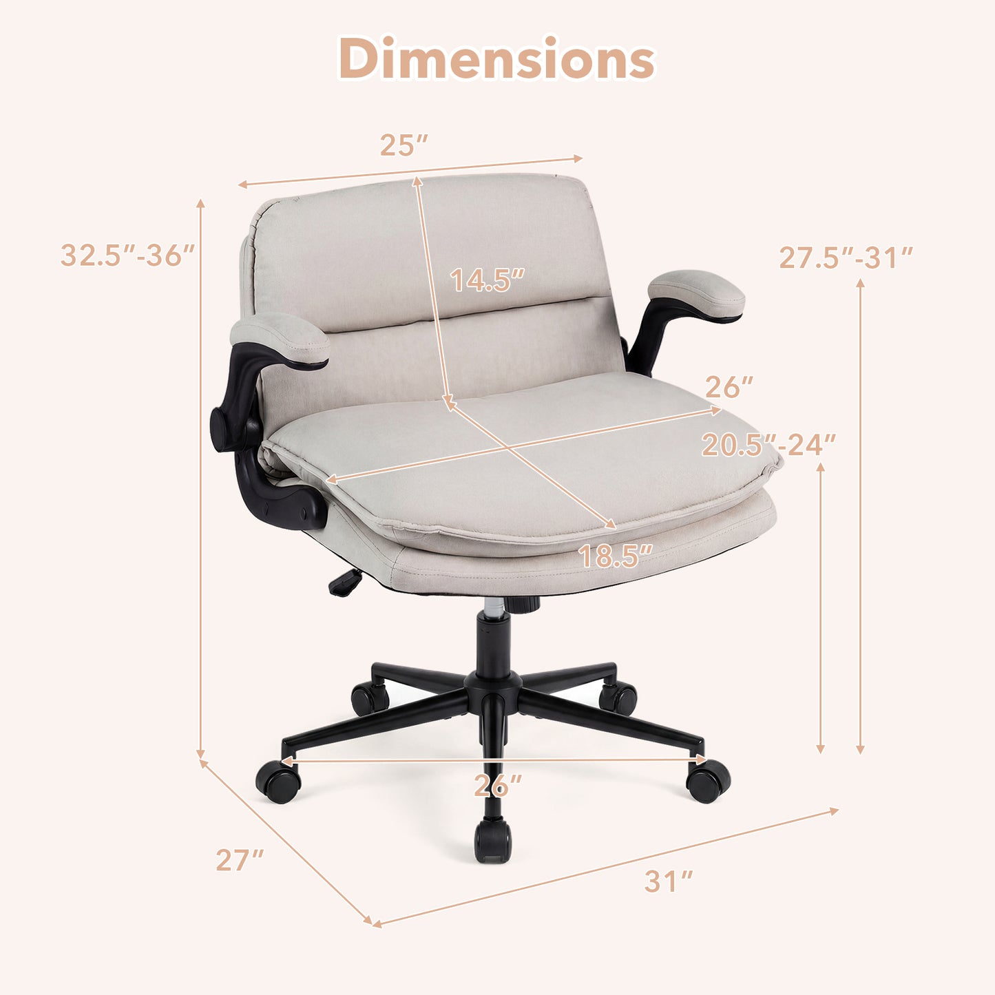 Criss Cross Chair With Wheels, Flip-Up Arms, Adjustable Height, Beige Ergonomic Chairs at Gallery Canada