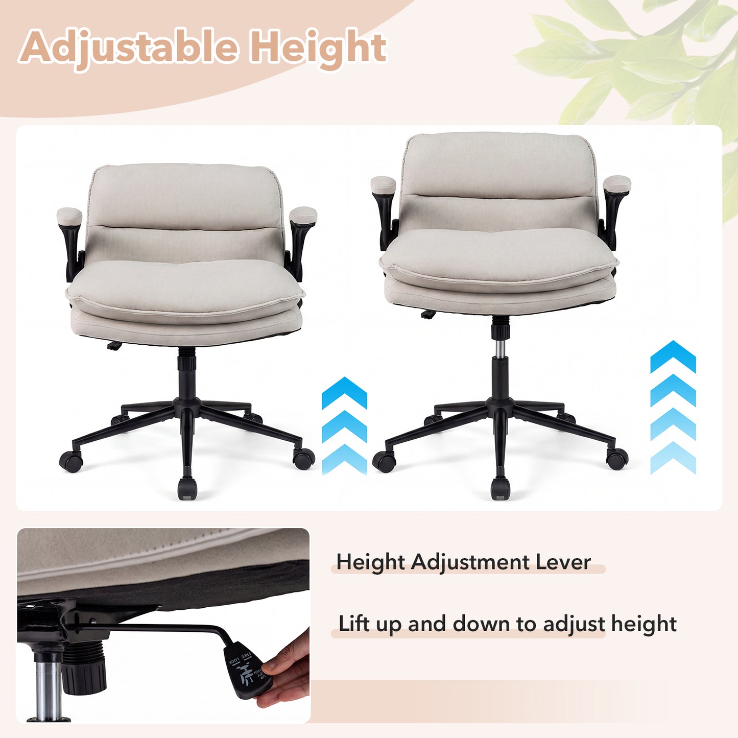 Criss Cross Chair With Wheels, Flip-Up Arms, Adjustable Height, Beige Ergonomic Chairs at Gallery Canada