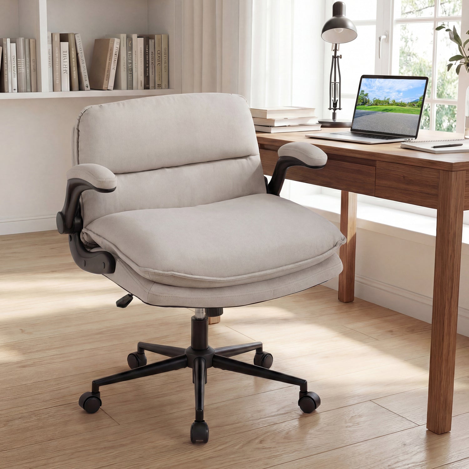 Criss Cross Chair With Wheels, Flip-Up Arms, Adjustable Height, Beige Ergonomic Chairs at Gallery Canada