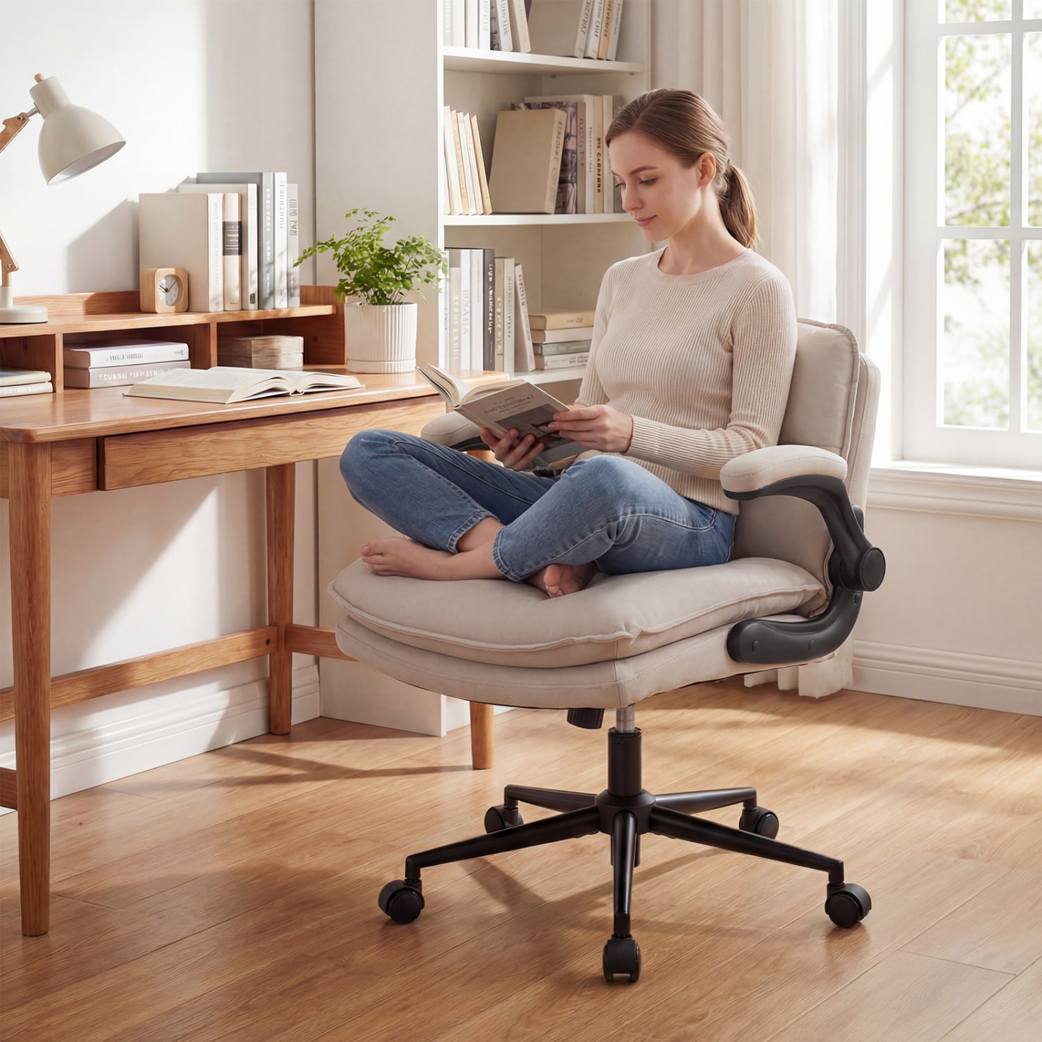 Criss Cross Chair With Wheels, Flip-Up Arms, Adjustable Height, Beige Ergonomic Chairs at Gallery Canada