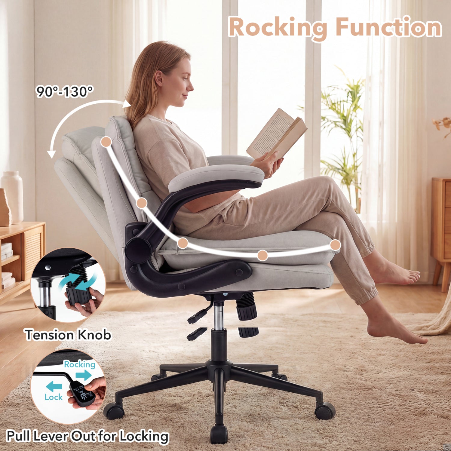 Criss Cross Chair With Wheels, Flip-Up Arms, Adjustable Height, Beige Ergonomic Chairs at Gallery Canada