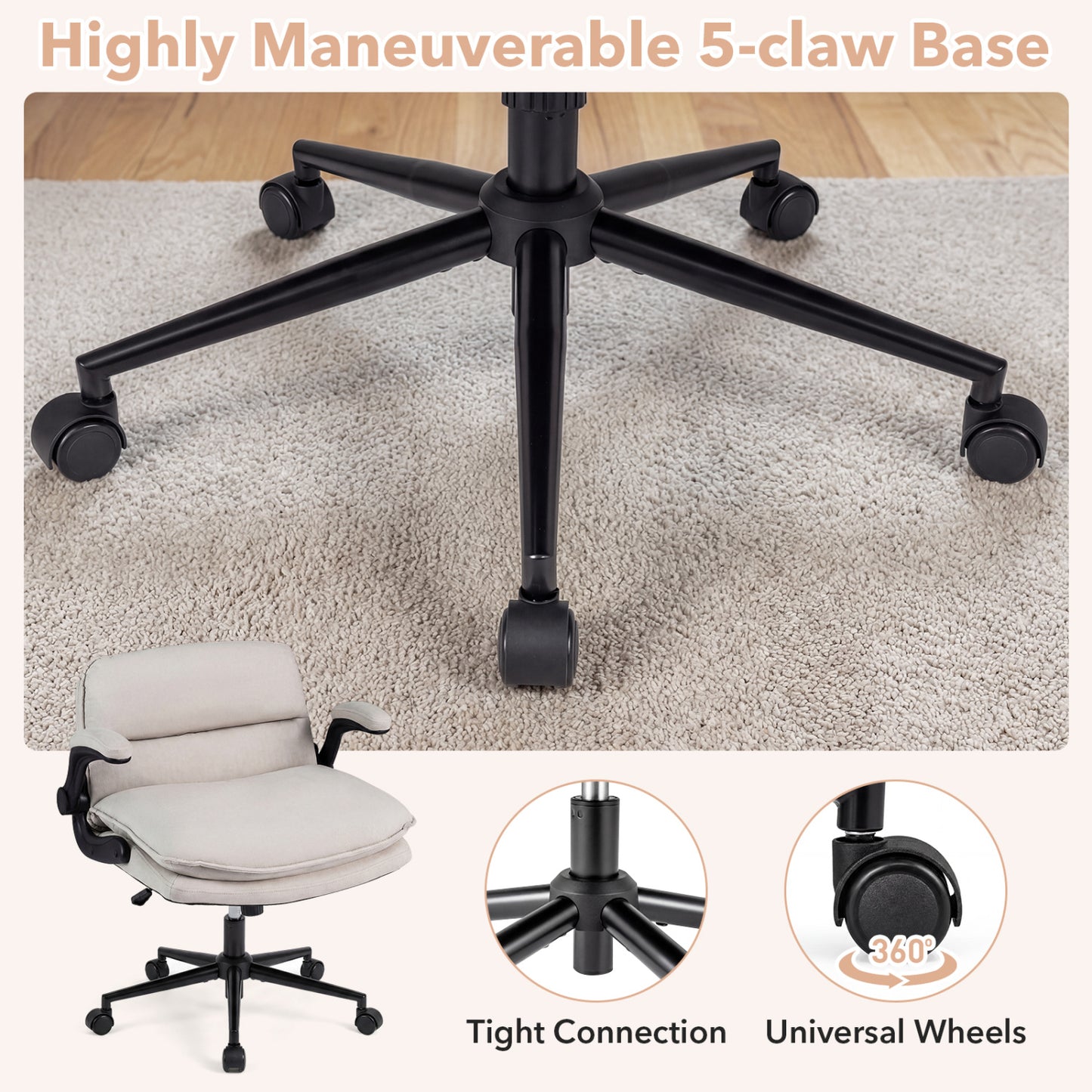 Criss Cross Chair With Wheels, Flip-Up Arms, Adjustable Height, Beige Ergonomic Chairs at Gallery Canada