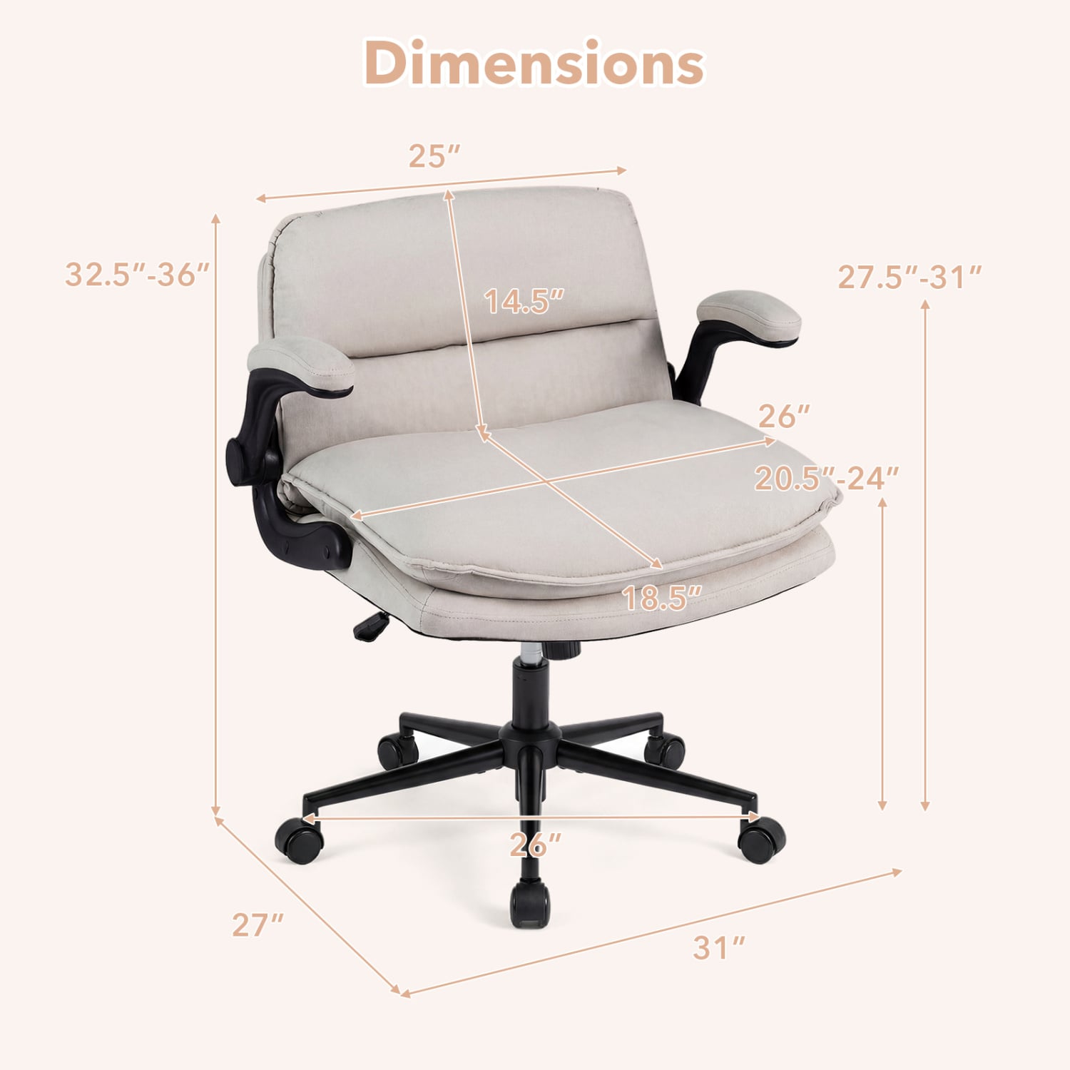 Criss Cross Chair With Wheels, Flip-Up Arms, Adjustable Height, Beige Ergonomic Chairs at Gallery Canada