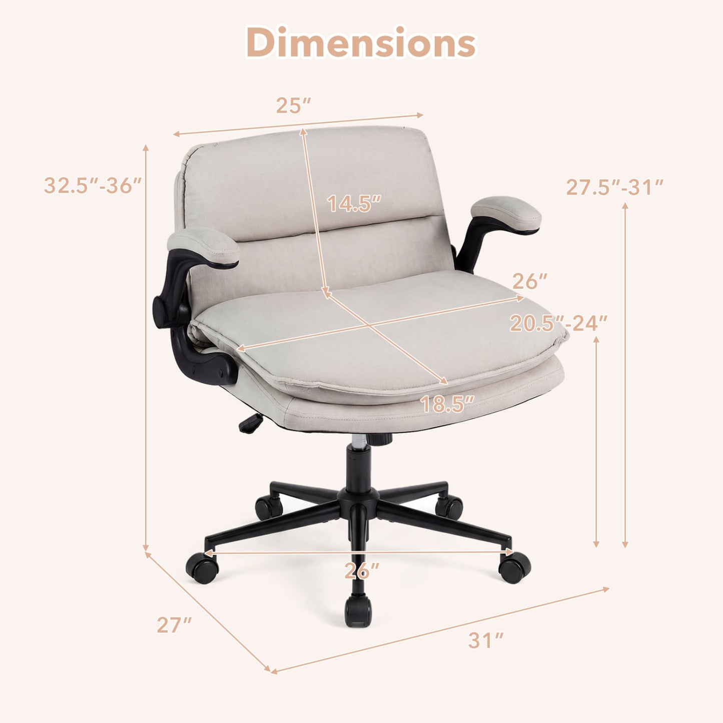 Criss Cross Chair With Wheels, Flip-Up Arms, Adjustable Height, Beige Ergonomic Chairs at Gallery Canada