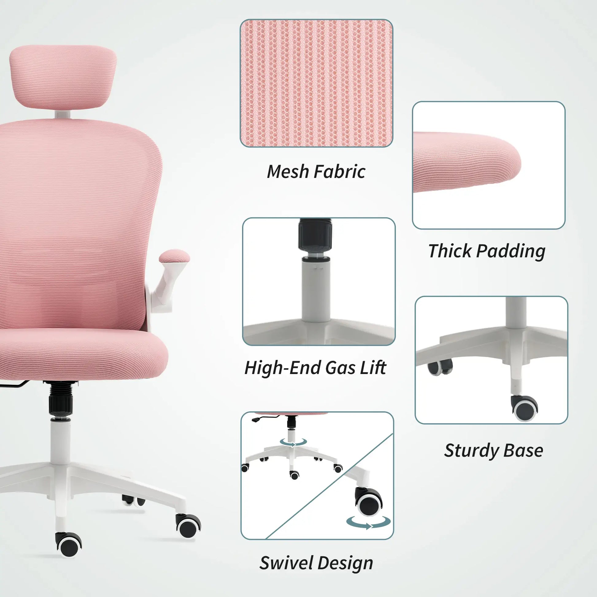 Mesh Office Chair, Adjustable Headrest, 4D Lumbar Support, Flip-Up Arm, Pink Office Chairs at Gallery Canada