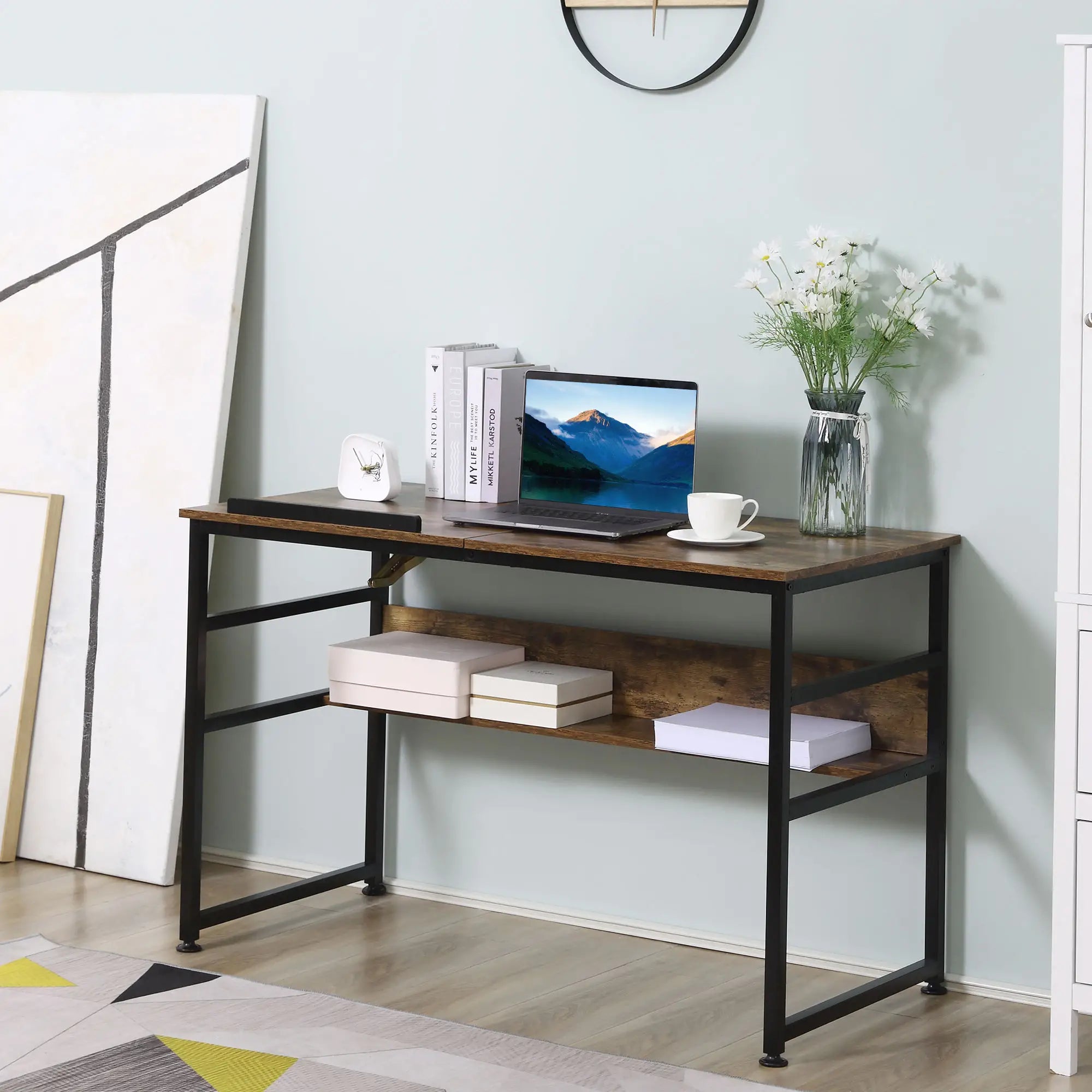 Adjustable Drafting Table, Art Desk, Tiltable Tabletop, Storage Shelf, Rustic Brown, Brown Writing Desks at Gallery Canada