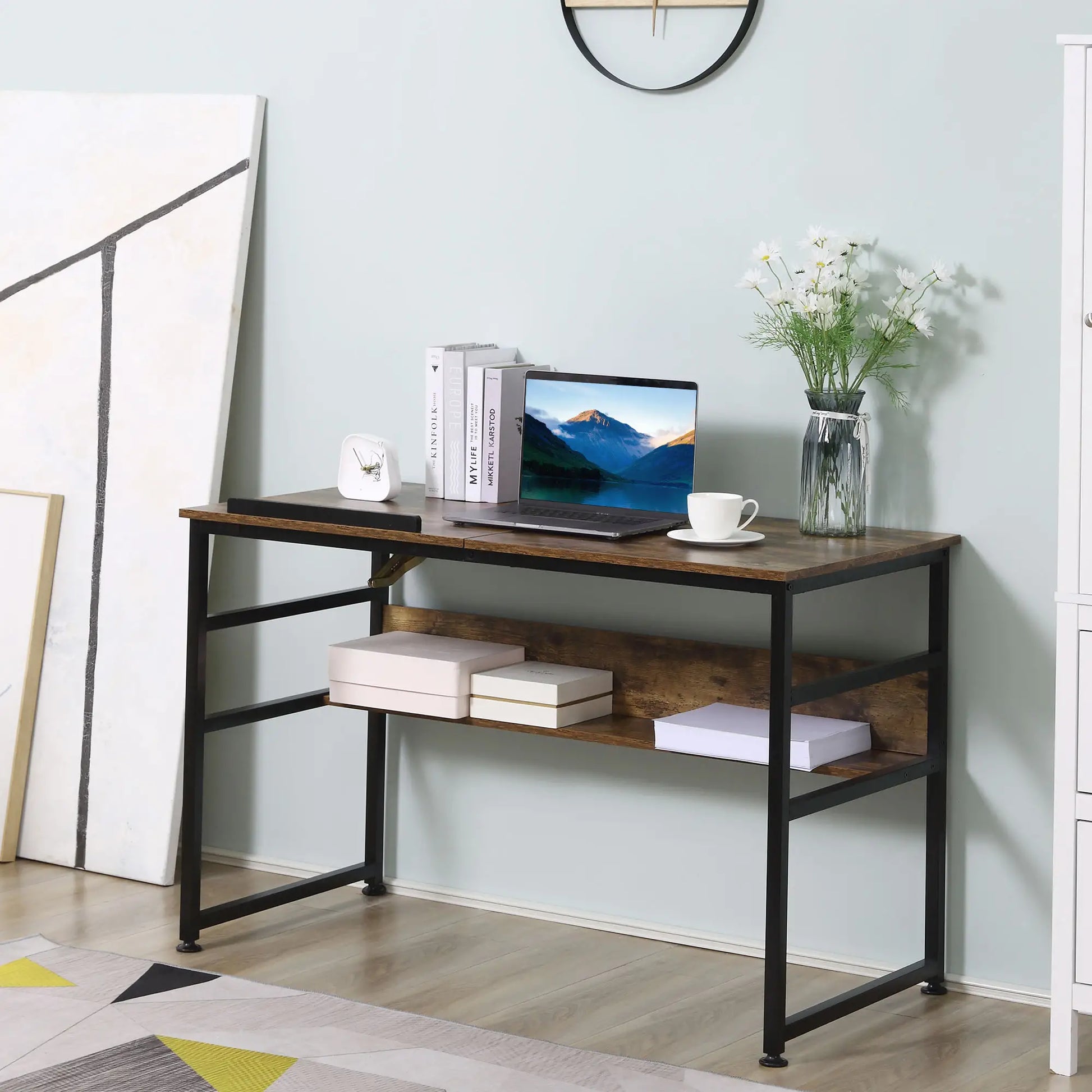 Adjustable Drafting Table, Art Desk, Tiltable Tabletop, Storage Shelf, Rustic Brown, Brown Writing Desks at Gallery Canada