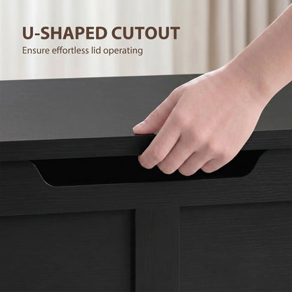 31.5 Inch Storage Chest Trunk with Safety Hinge, Black Wood Grain, Black