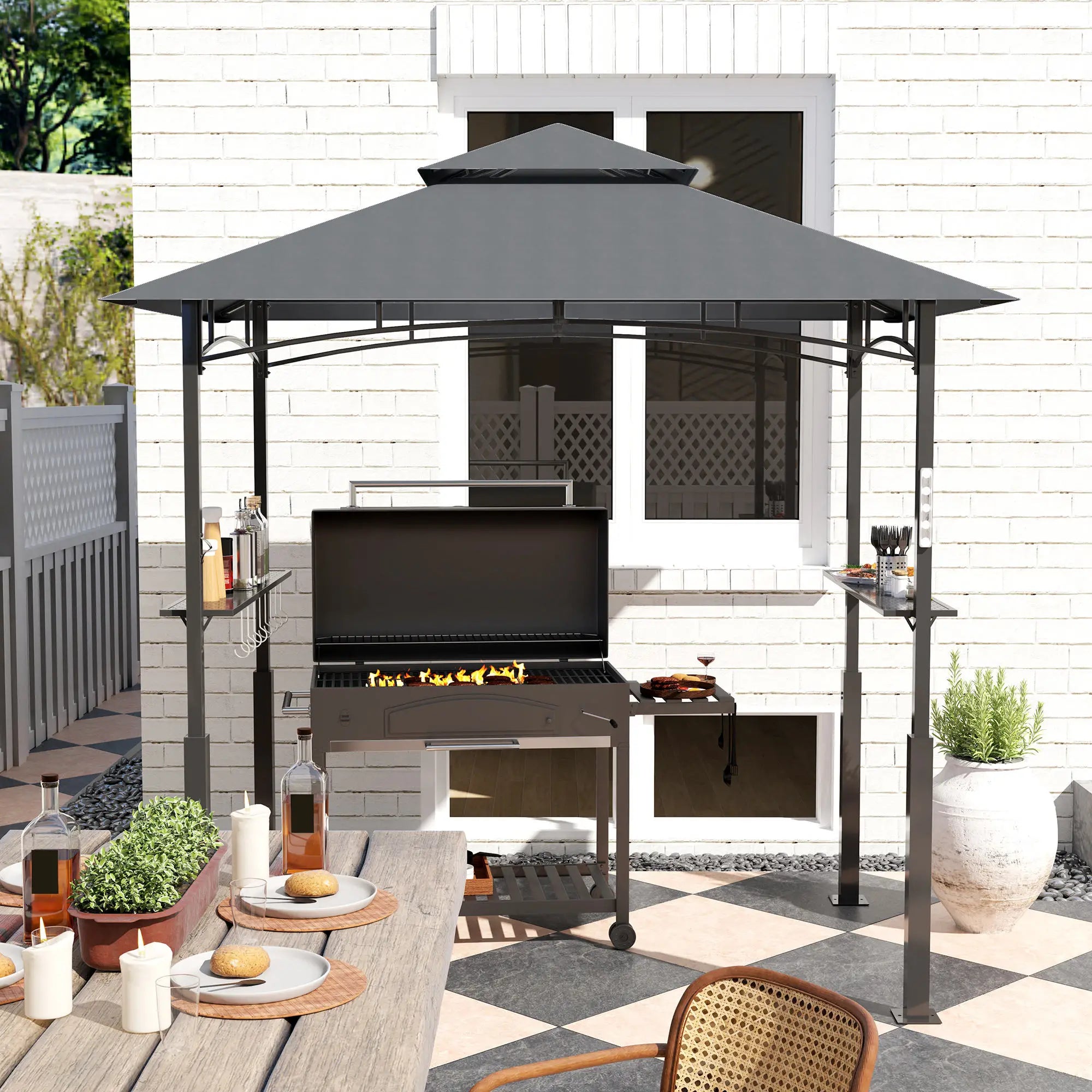 8' x 5' Grill Gazebo, Double Tiered, LED Light, Shelves, Dark Grey BBQ Grill Gazebos at Gallery Canada