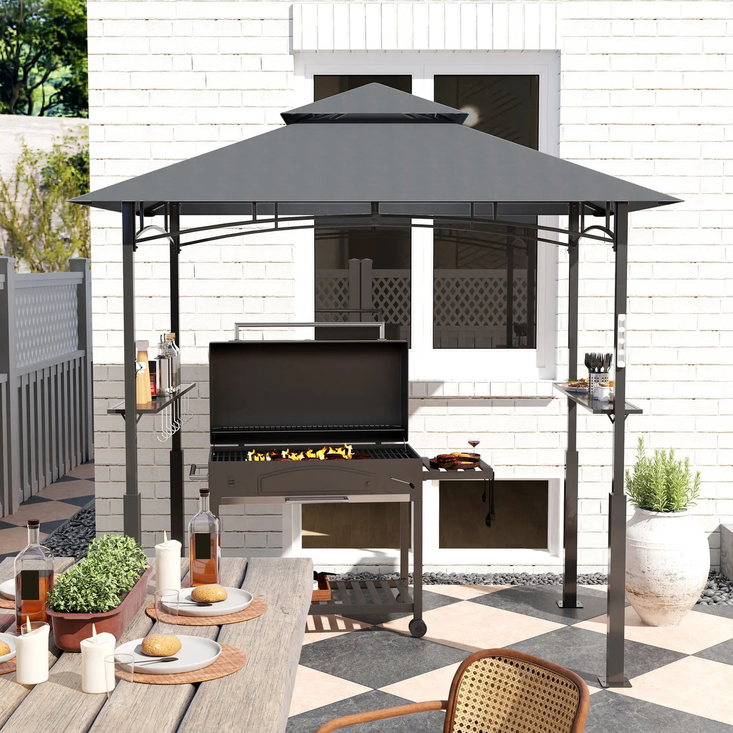8' x 5' Grill Gazebo, Double Tiered, LED Light, Shelves, Dark Grey BBQ Grill Gazebos at Gallery Canada