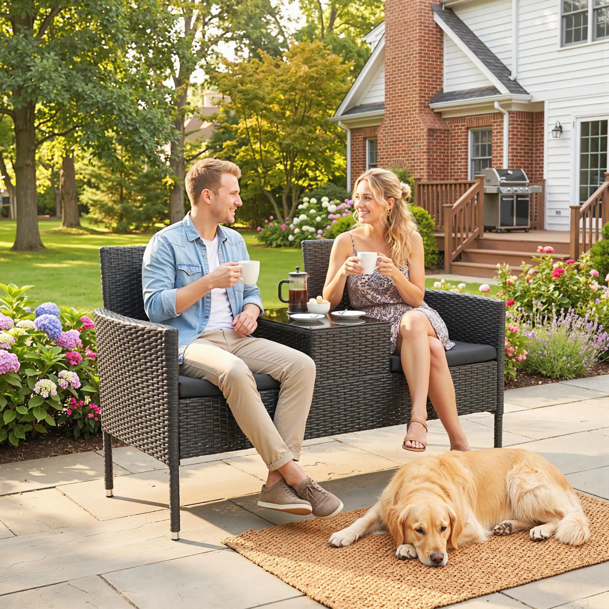 PE Rattan Loveseat with Cushion, Mid-Table, Black Patio Chairs at Gallery Canada