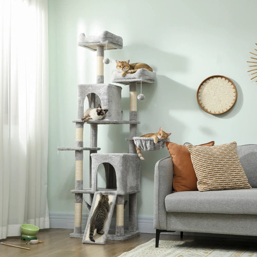 Cat Tree, 70 Inch Multi-Level Tower with Condos, Beds, Hammock, Light Grey