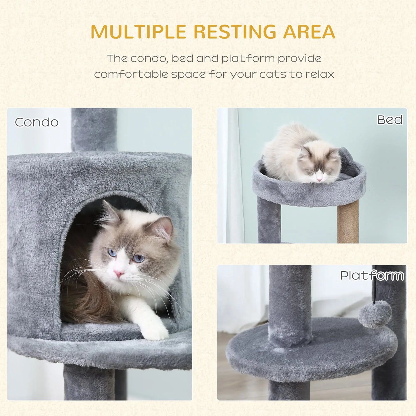 41" Cat Tree Tower with Condo, Scratching Posts, Hanging Ball, Grey Cat Towers at Gallery Canada