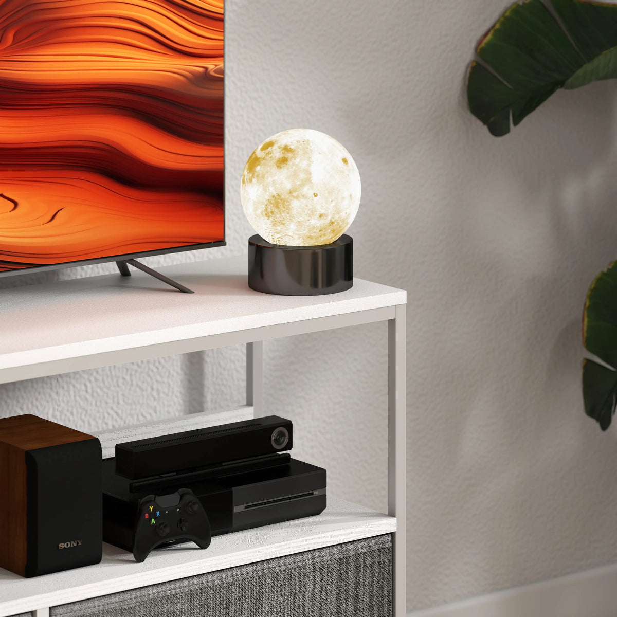 Meuble TV avec Station de Recharge, 2 Tiroirs Pliables, Étagère Ouverte, 47 Pouces, Blanc