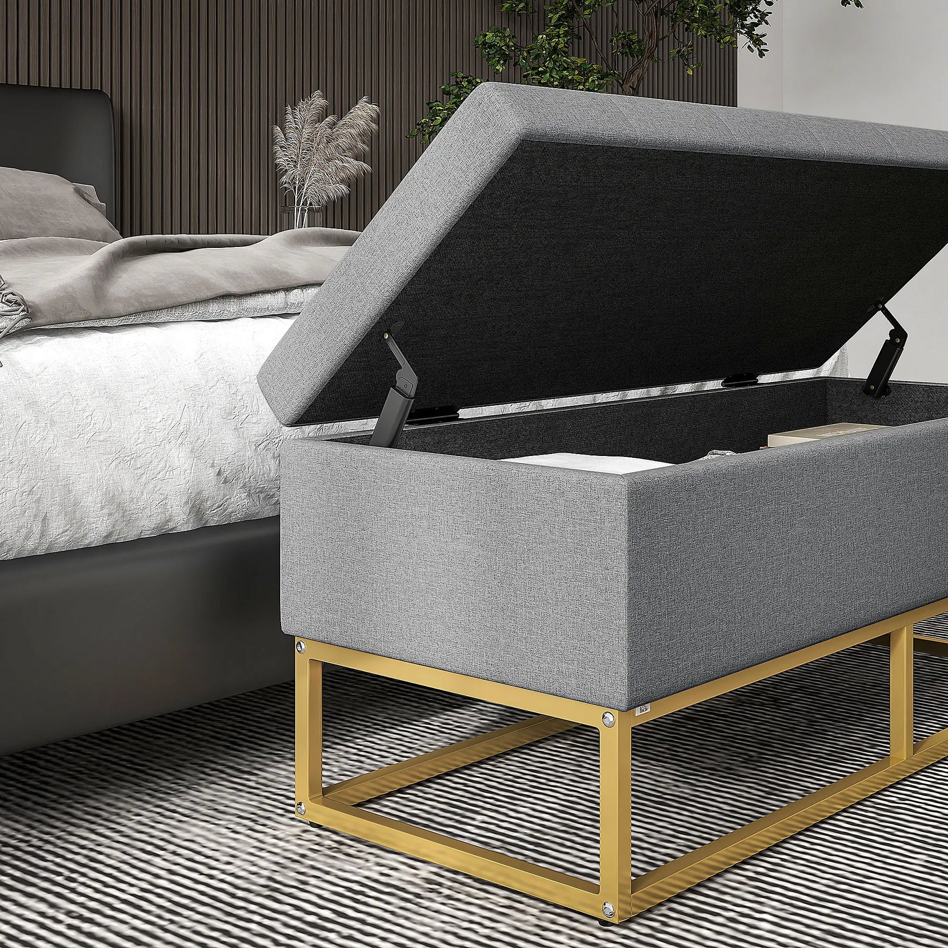 Flip Top Storage Ottoman, Upholstered Bench, Linen Footstool, Grey Storage Ottomans & Benches at Gallery Canada