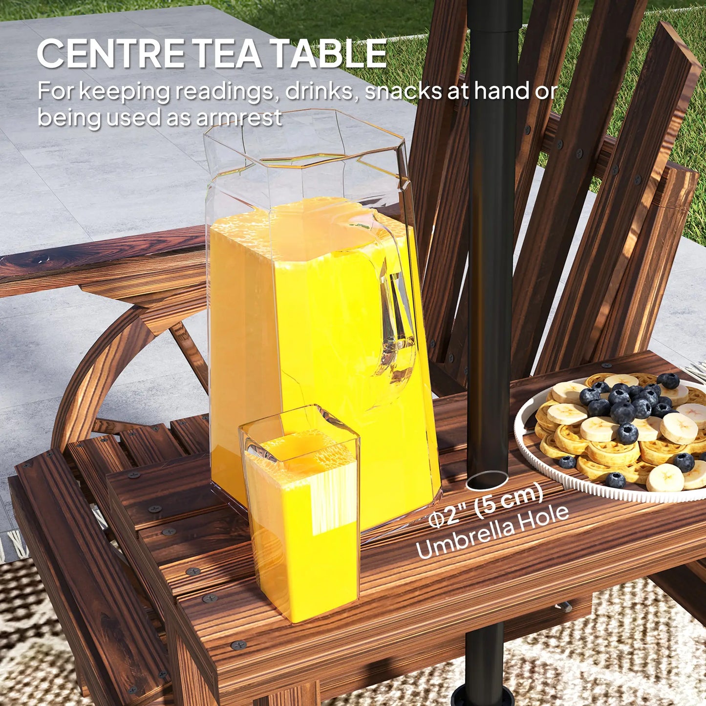 Wooden Outdoor Loveseat, Wagon Wheel Bench With Table, Carbonized Outdoor Benches at Gallery Canada