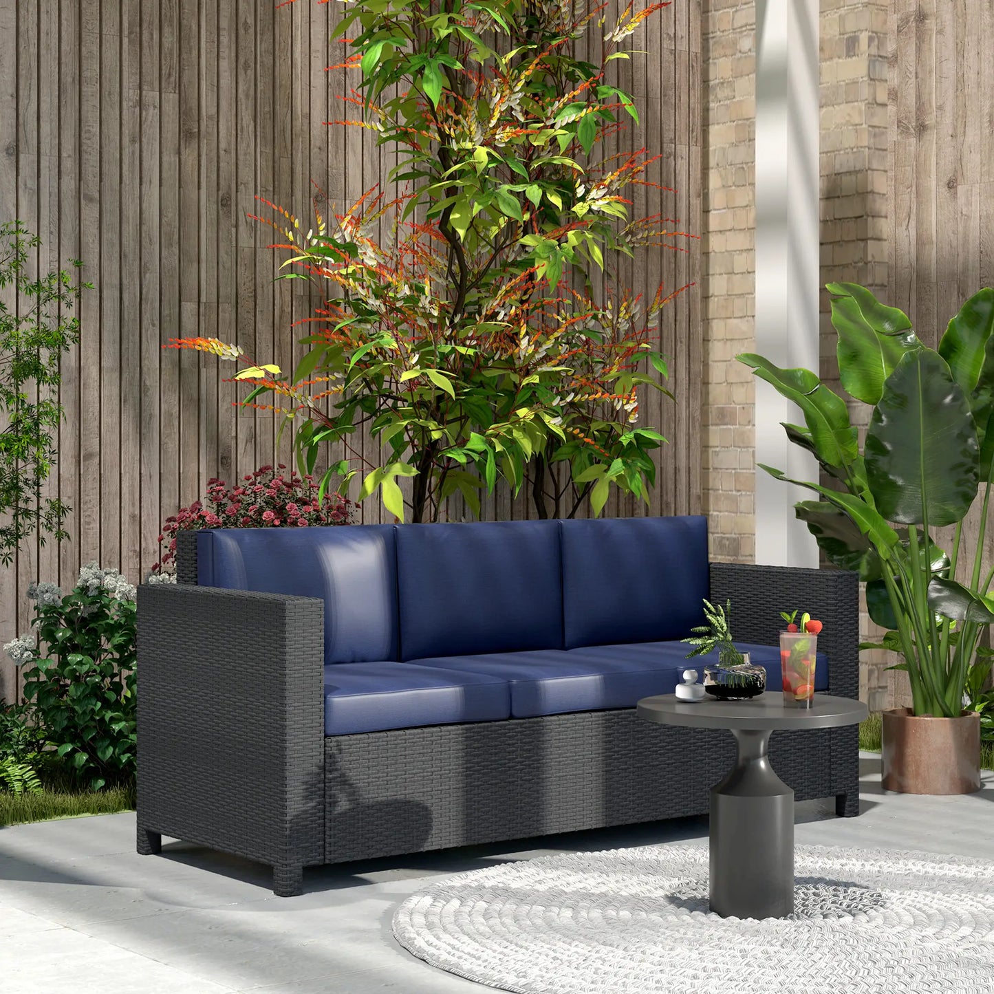 3 Seat Rattan Wicker Sofa, Outdoor Patio Furniture, Navy Blue Patio Furniture Sets at Gallery Canada